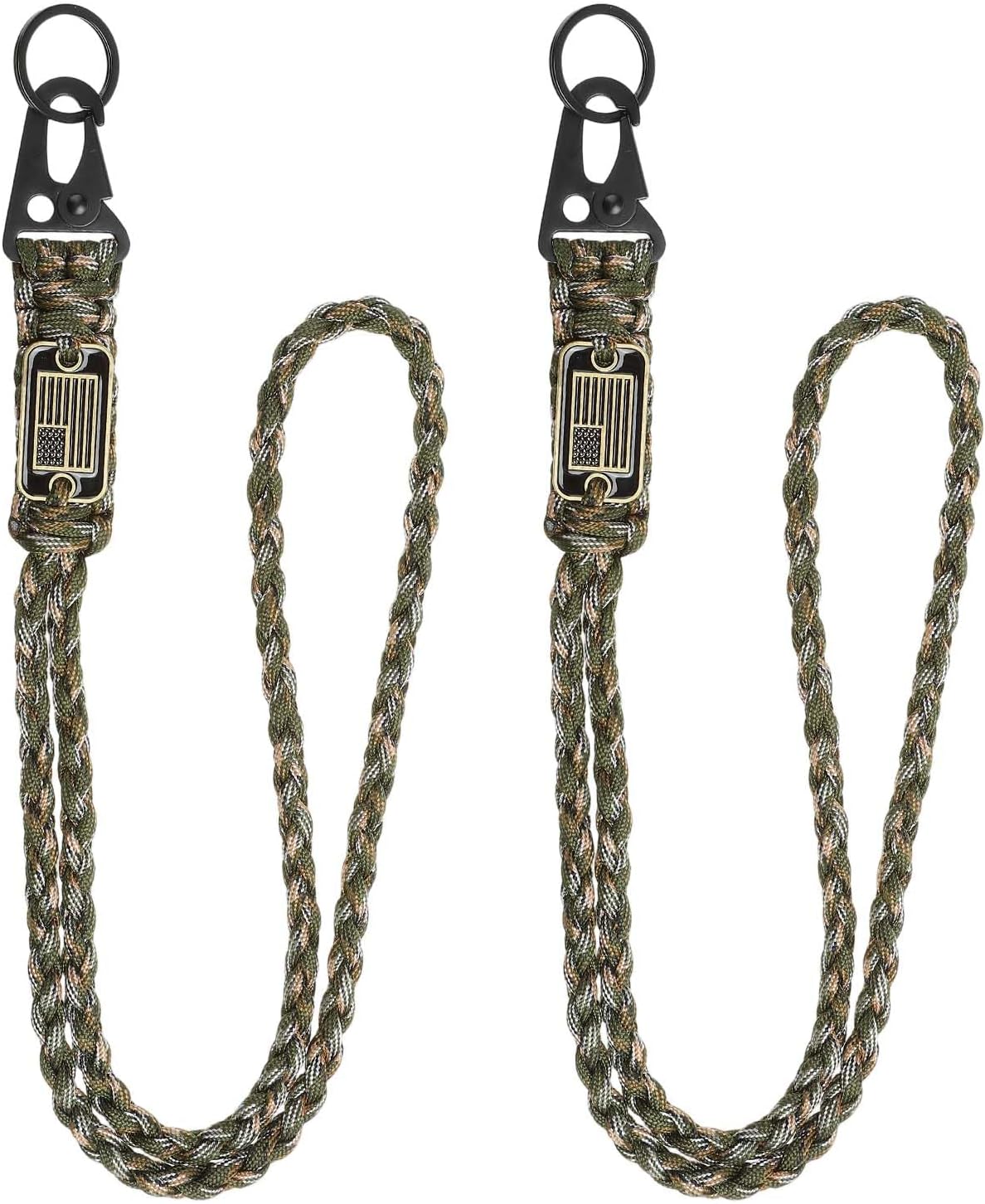 Paracord Lanyard, 550 Keychain Lanyard Heavy Duty Necklace Keychain Braided Wrist Strap for Men Women Outdoor Activity Survival Key Whistle Rope ID Badge (2 Pack, Camouflage Green)