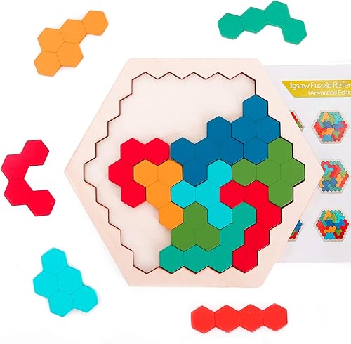 Ranslen Rompecabezas hexagonales de madera, regalos para niños de 3 años en adelante, rompecabezas con forma hexagonal, juego de lógica IQ,