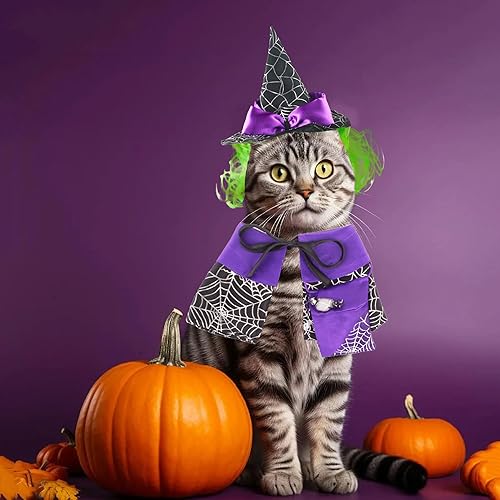 Miniatura 2 de ADOGGYGO Disfraz de Halloween de gato, disfraz de bruja de gato morado, capa de gato, disfraz de sombrero de bruja para gatos y gatitos (bruja-2)