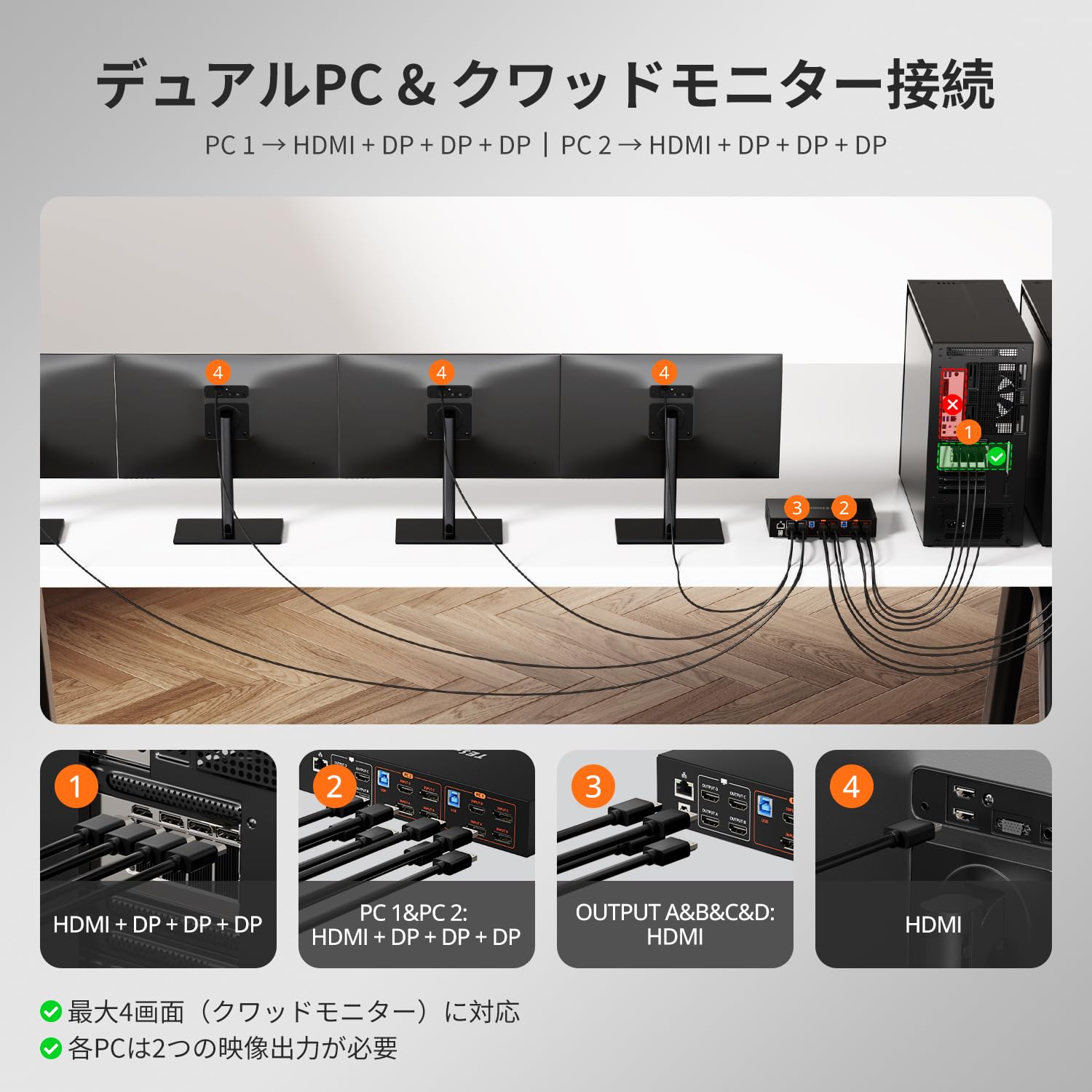 TESmart USB3.0 4入力2出力 DP デュアルモニター KVM Amazon.co.jp: TESmart KVMスイッチ DP+HDMI 2入力4出力 USB3.0