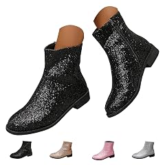 Sparkle Ankle Boots for Women - Round Toe Low Chunky Heels Glitter Booties Fashion Thick Heel Zipper Short