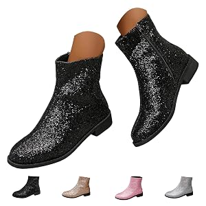 Sparkle Ankle Boots for Women - Round Toe Low Chunky Heels Glitter Booties Fashion Thick Heel Zipper Short