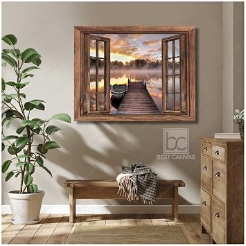 Beautiful Beach In The Morning Through Window Canvas, Gorgeous Dune Beach Through Rustic Window, Living Room Canvas Wall Art Gorgeous Lake Dock In The Morning, 24x30 Inches
