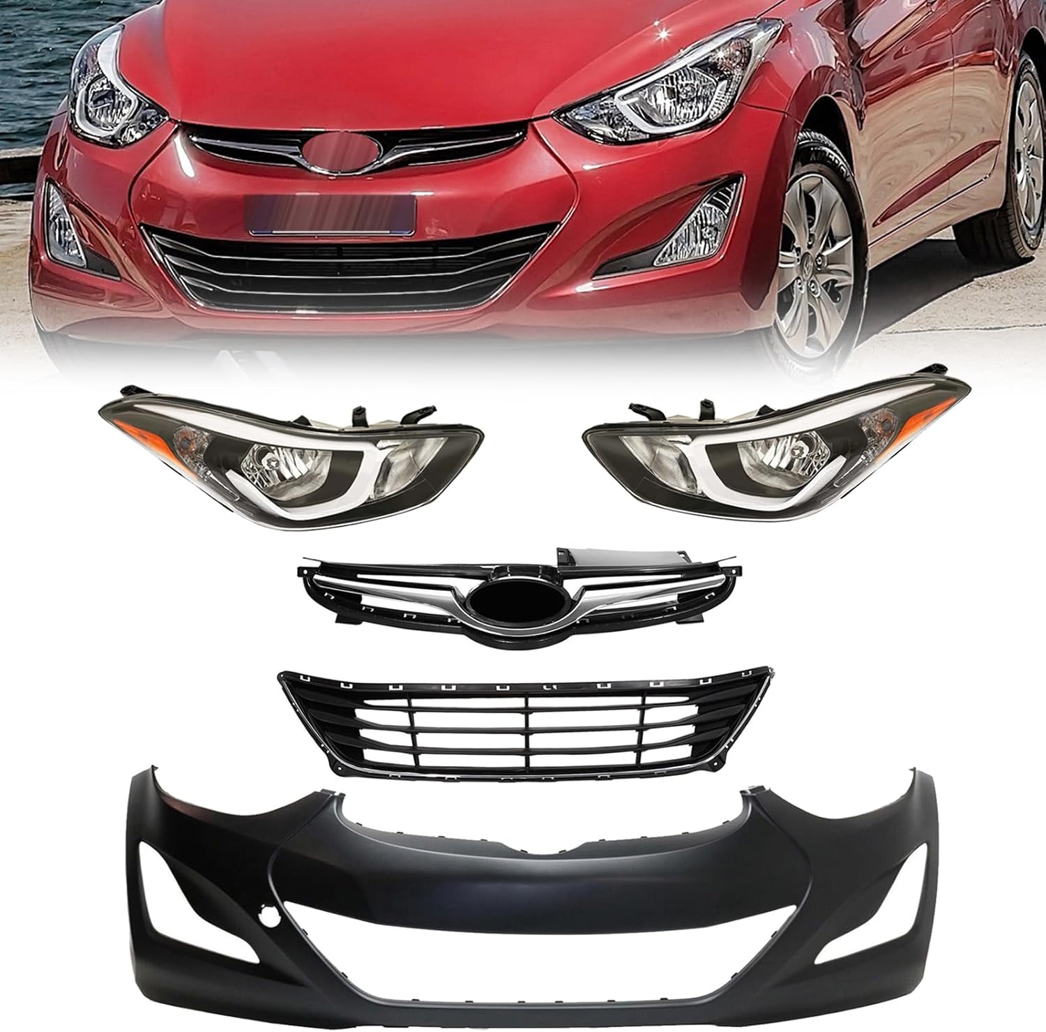 PENSUN Compatible Front Bumper Cover Kit Fit For 2014-2016 Hyundai Elantra Sedan HY1000204 (Front Bumper Cover + Grille + Pair Headlights)