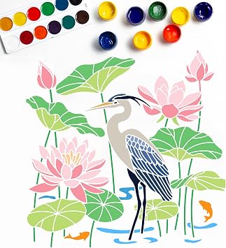 MAYJOYDIY 4pcs Heron Lotus Flower Stencil 22.121.8inch Spliced Style Summer Pond Scenery Template Large Koi Carp Fish Lotus Leaf Stencil Wetland Bird Wall Stencils for Crafts and Home Decor