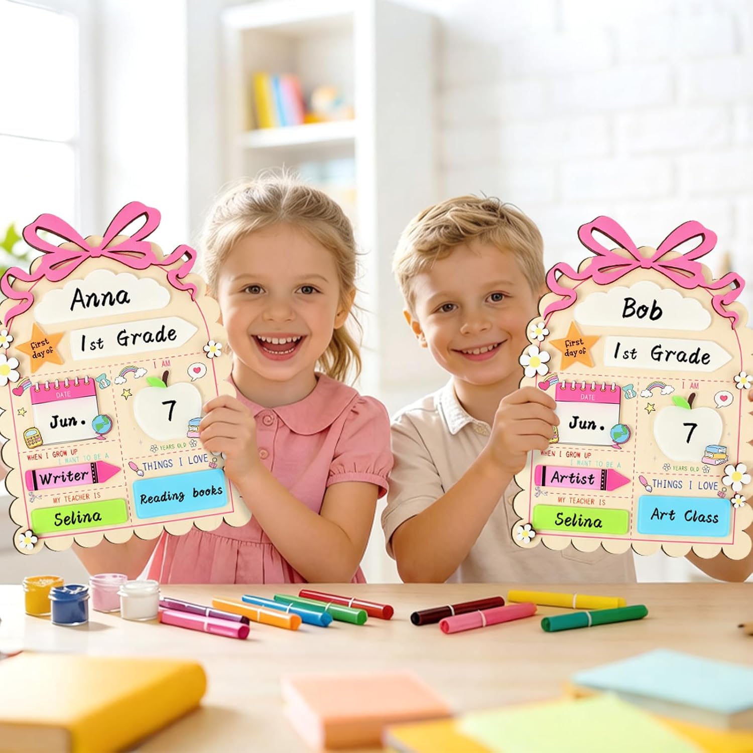 AnyDesign My First Day of School Name Board Sign 14 x 10 Inch Back to School Wooden Chalkboard First and Last Day of School Board Bow Scalloped DIY Name Sign for Back to Class Kindergarten Preschool