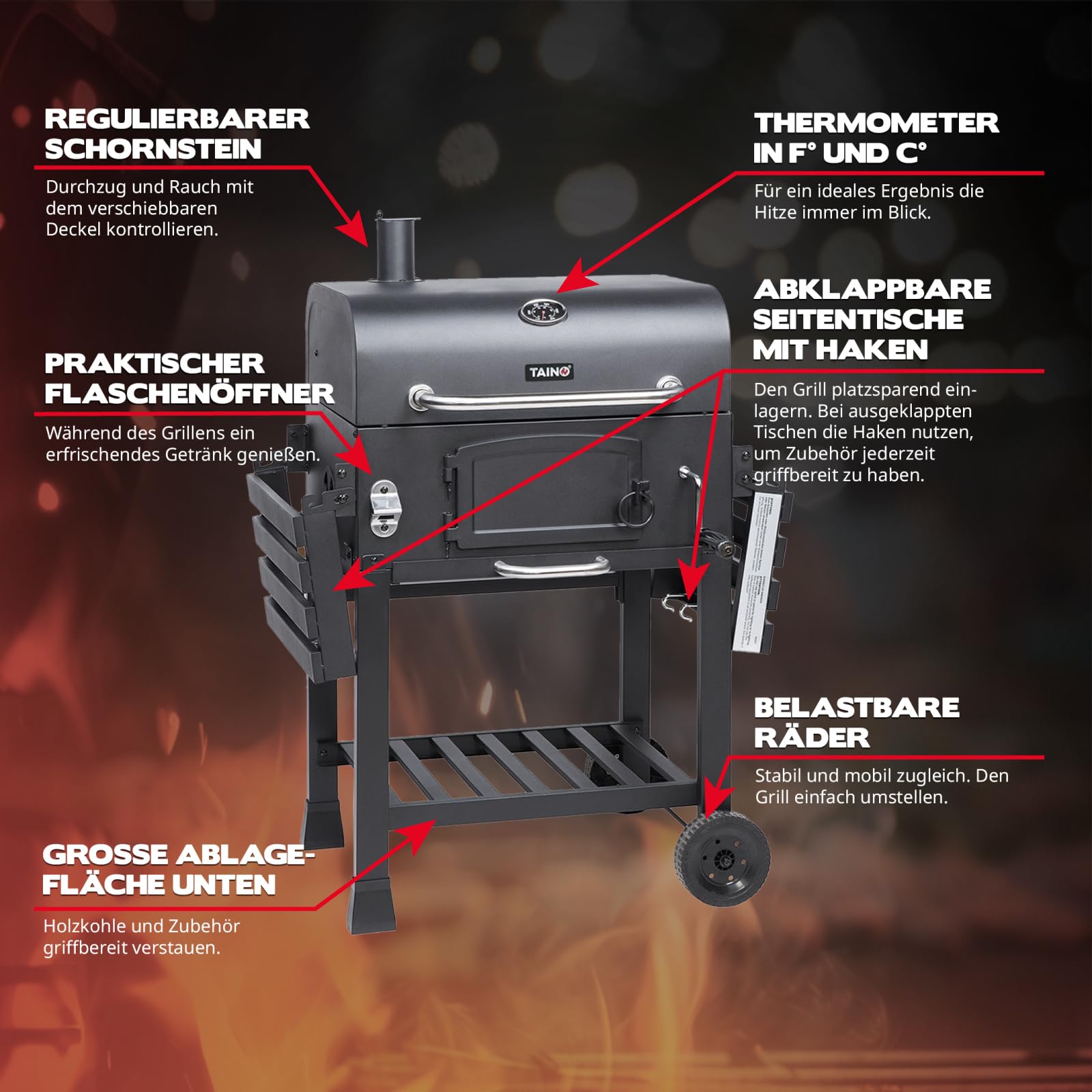 TAINO HERO XL BBQ Smoker GRILLWAGEN Holzkohle Grill Grillkamin Standgrill Räucherofen Zubehör