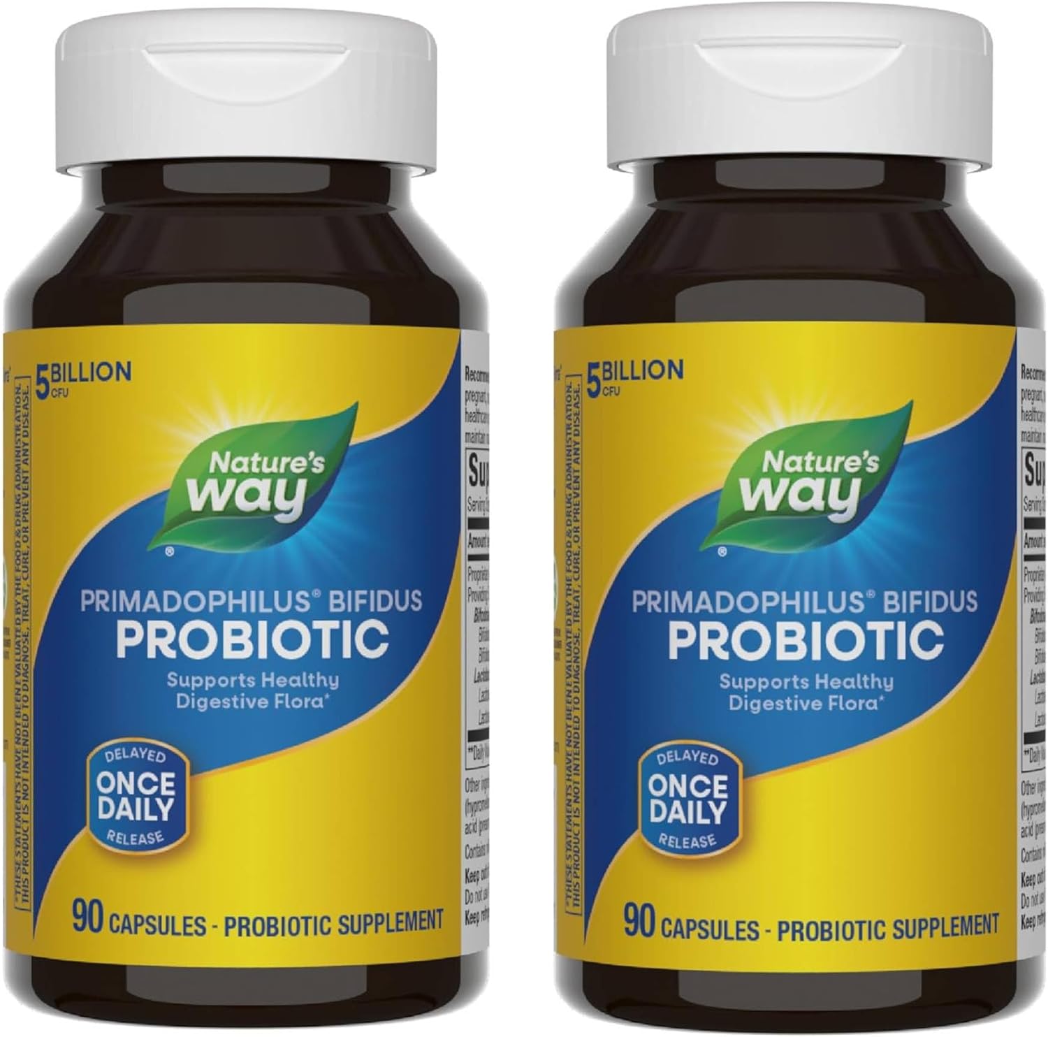 Nature's Way Primadophilus Bifidus Probiotic, Supports Digestive Flora*, 5 Billion Live Probiotic Cultures per Capsule, Lactobacilli, Bifidobacteria, 90 Capsules (Packaging May Vary) - 2 Pack
