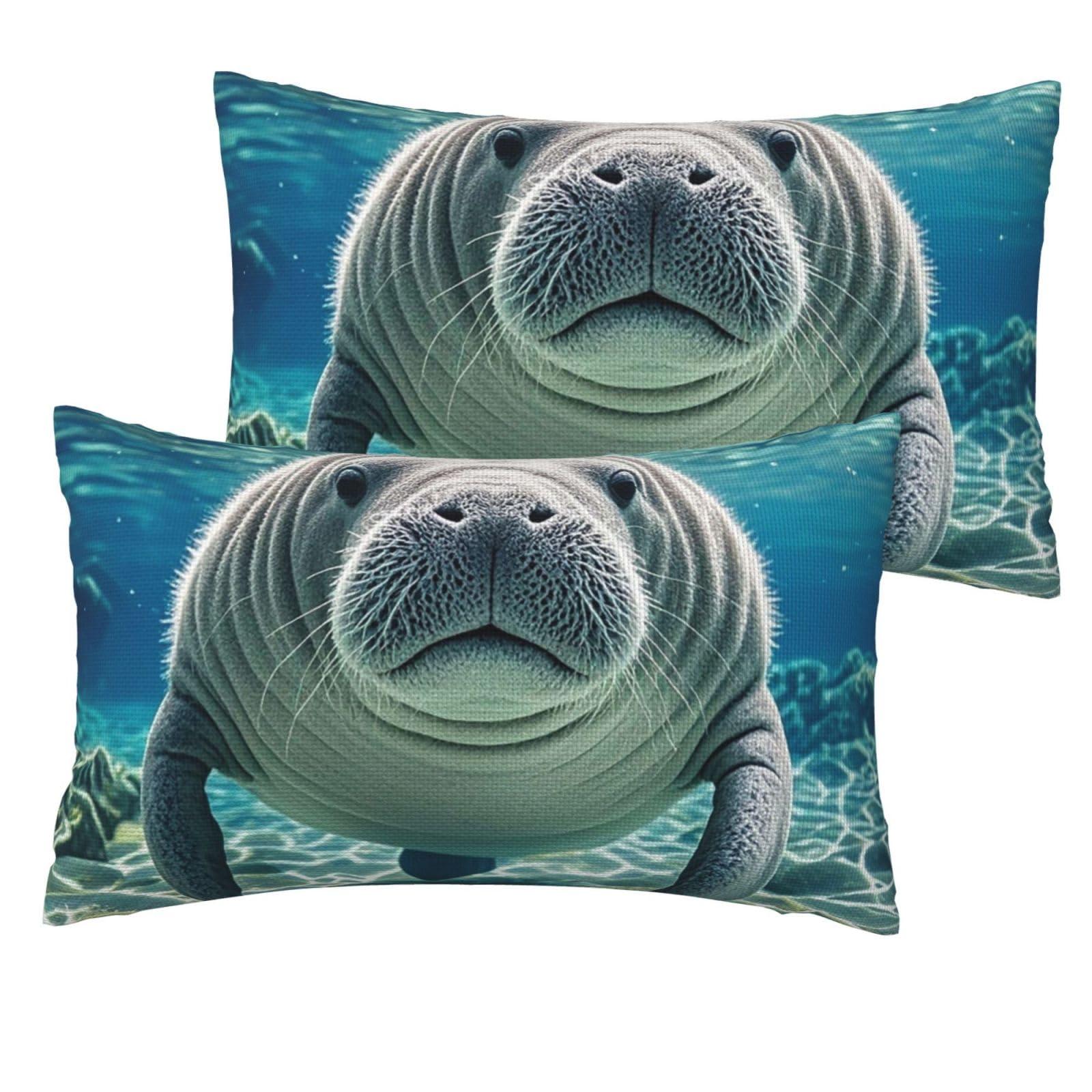 Linen Pillowcases Set of 2 Pillow Shams Breathable Soft Linen Pillow Covers with Envelope Closure Cute Sea Animal Manatee Pillowcases Standard Size 30x50 cm Cooling Washed Pillow Cases