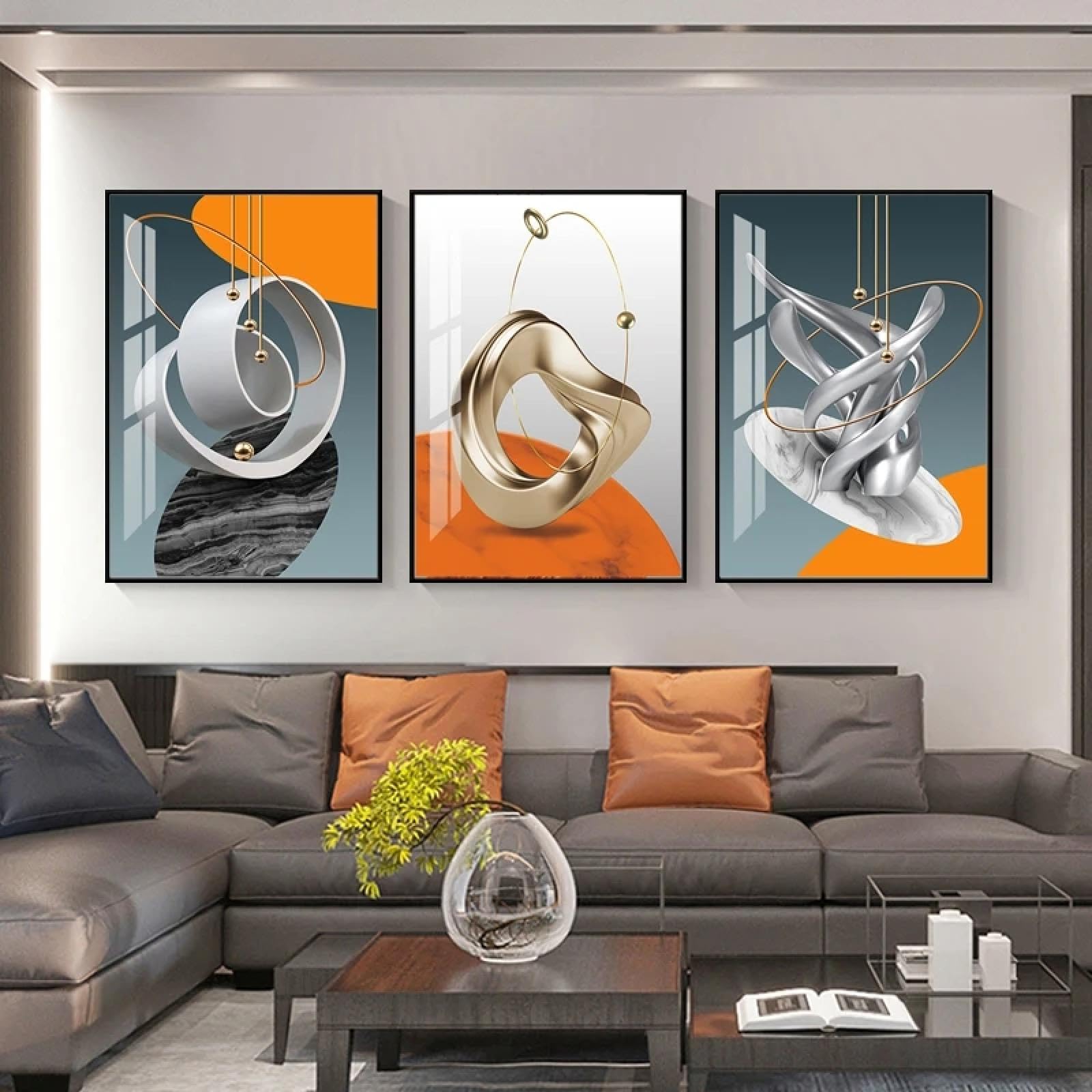 Decoration d interieur moderne grand format toiles abstraites dorees - 6