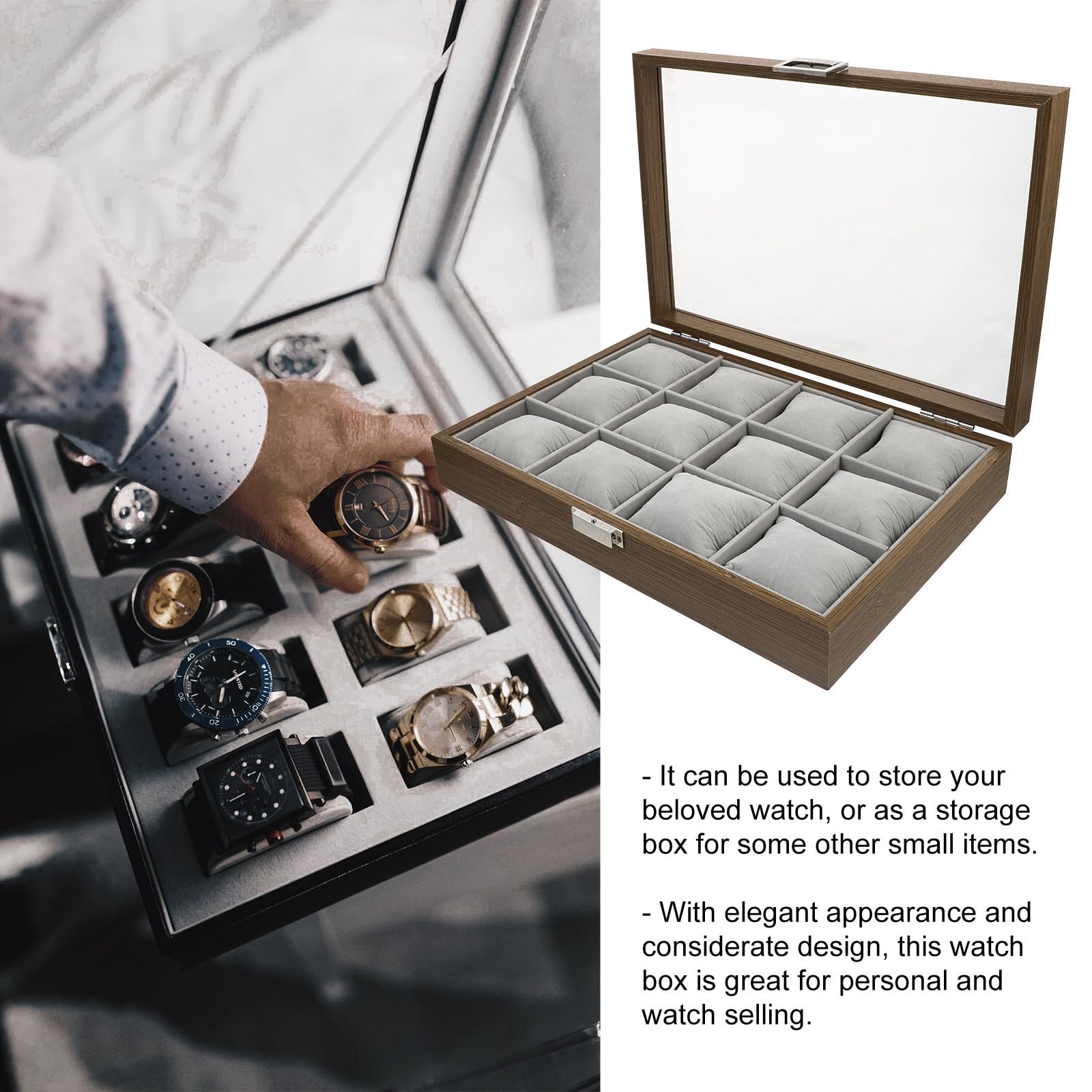 Hemobllo Organizador de relojes de madera con 12 ranuras grandes y almohadillas extraíbles para almacenamiento de joyas en uso personal y del hogar