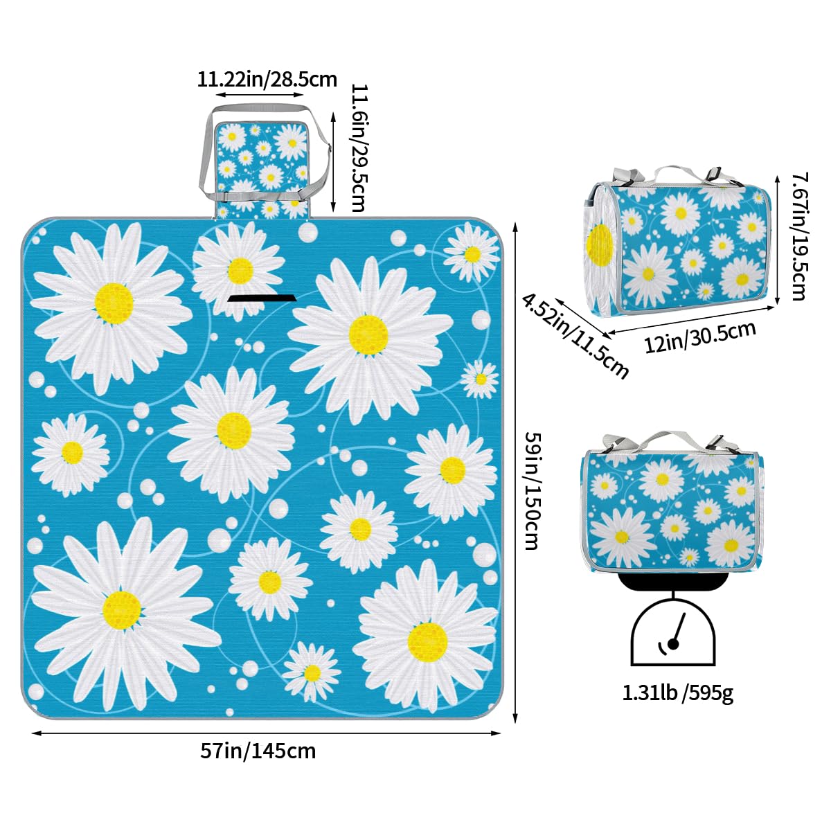 Shimoshe Picnic Blankets 57”x 59”, Floral Flower Daisy Waterproof Sandproof Picnic Mat Lightweight Foldable Beach Blanket for Camping Park Grass Beach Outdoor Blanket A1