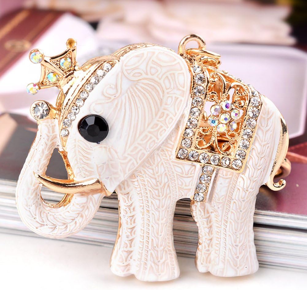 Women Crystal Keychain Purse Bag Charm Rhinestone Car Pendent Clothing Accessories Handbag Decoration Keyrings With Box Christmas Gift for Girl Woman Lady (White Elephant)