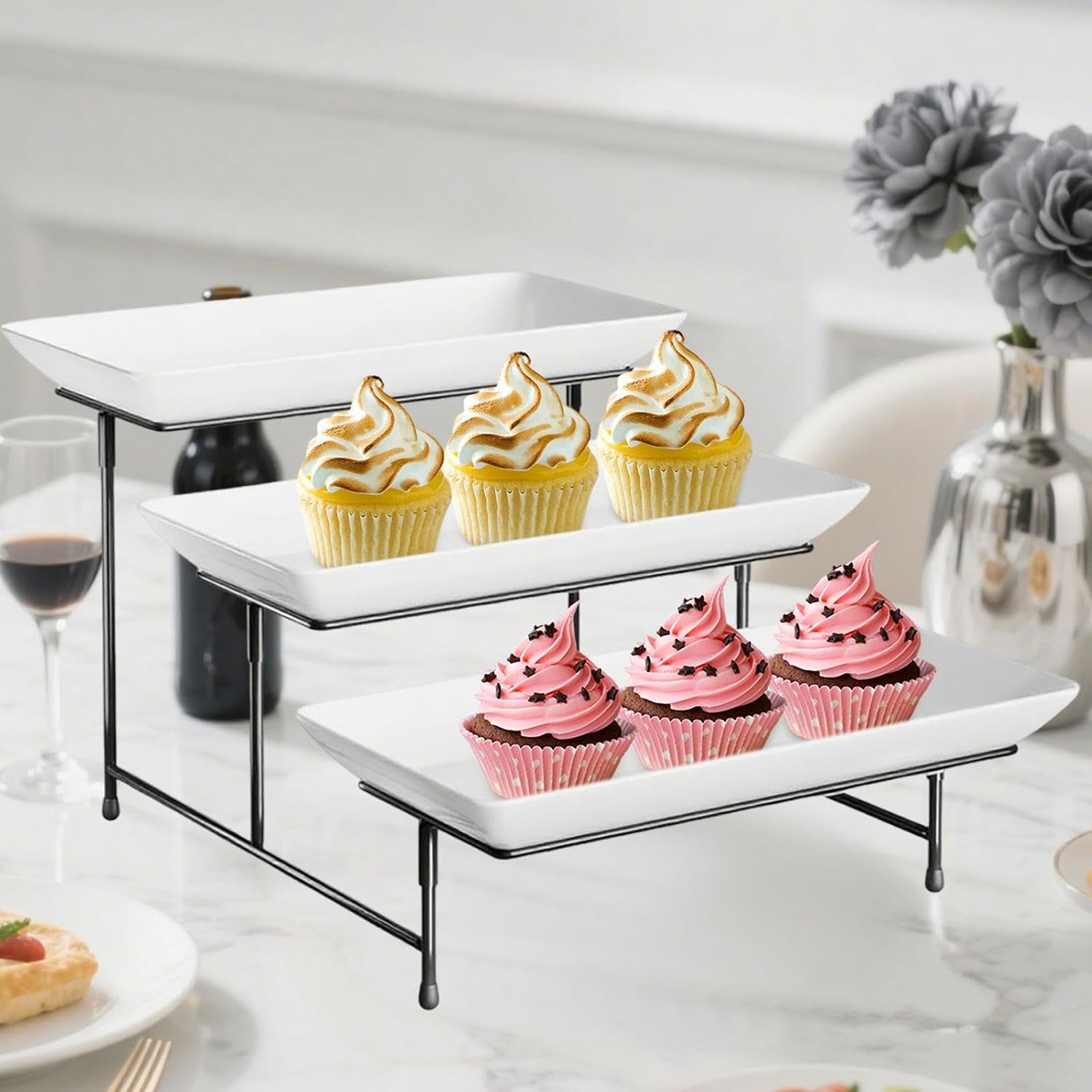 3 Tier Rectangular Serving Platter Stand Set, Party Display Set Tiered Serving Tray for Buffets Snack Veggie Fruit Dessert, Black