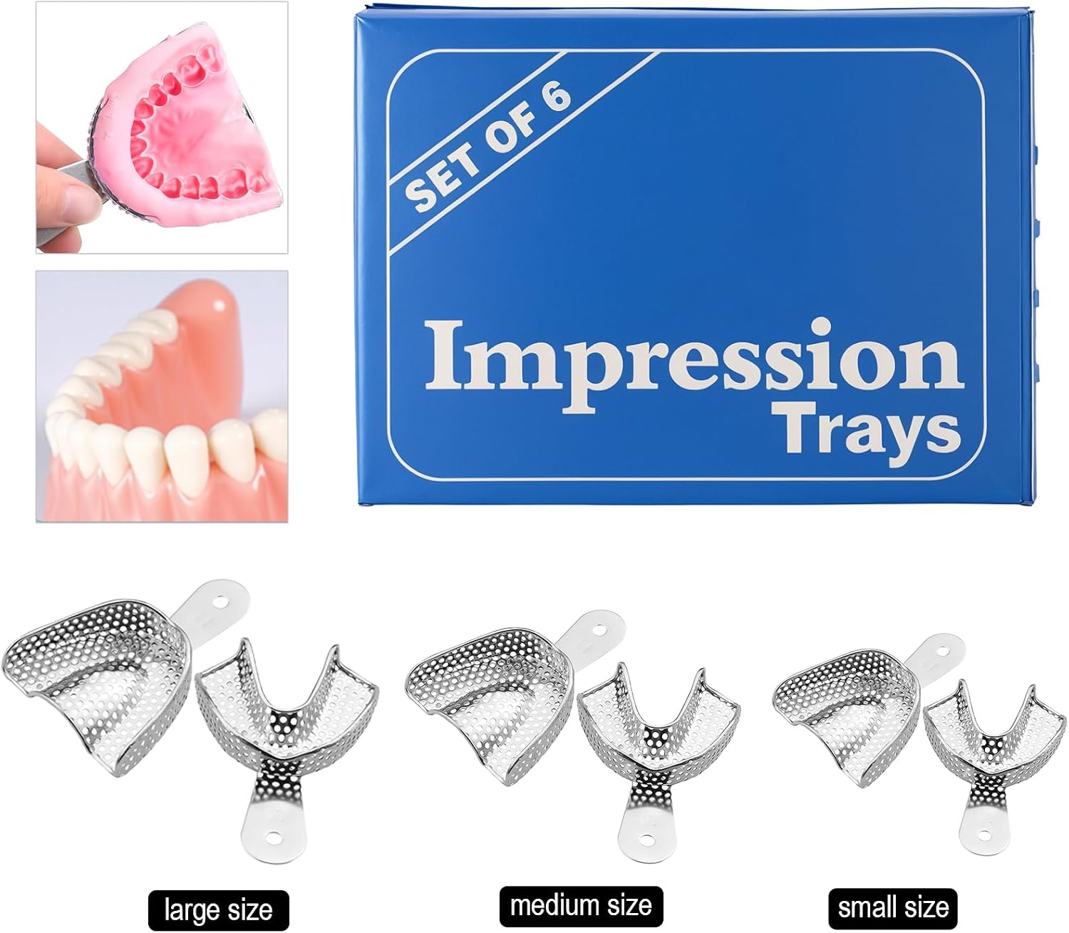 Dentist Autoclavable Stainless Steel Impression Tray,Autoclavable Small Medium Large Non-Slip Grip Upper and Lower 6 Pcs One Set