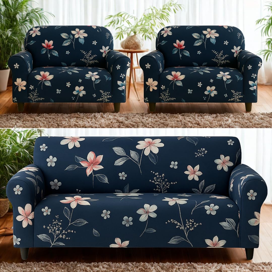 Homerz Premium 5 (3+1+1) Seater Universal Elastic fit Sofa Cover Fully Covered, Non-Slip Sticky Elastic Stretchable Sofa Set Slipcover Protector (Blue Floral, 5 (3+1+1) Seater)