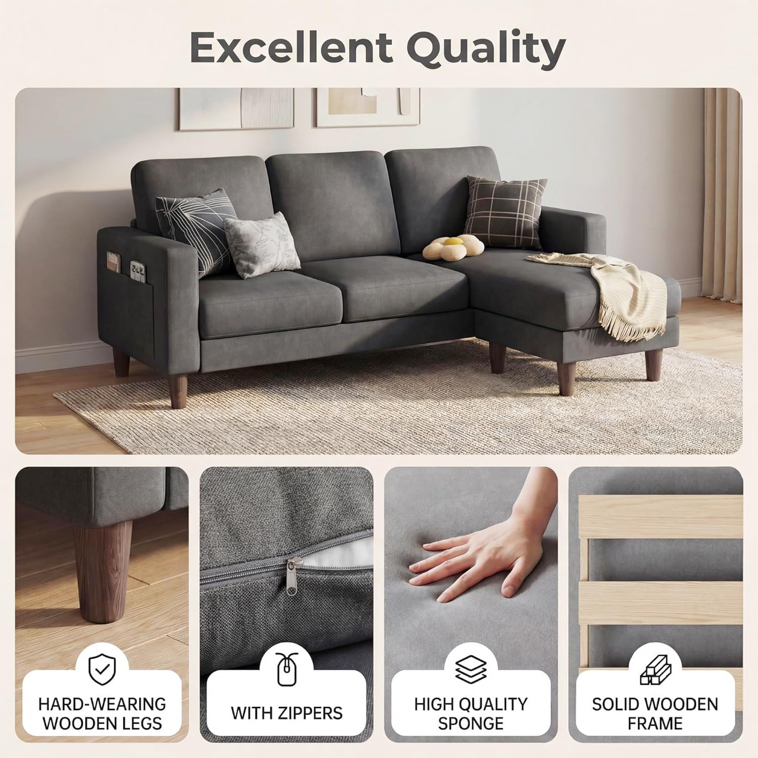 Homall 3 Seat Couch L Shape Sofa with Side Storage Pockage, Sectional Couches with Reversible Ottoma, Upholstered Sofa for Living Room and Small Spaces (Linen Fabric, Graphite Grey)