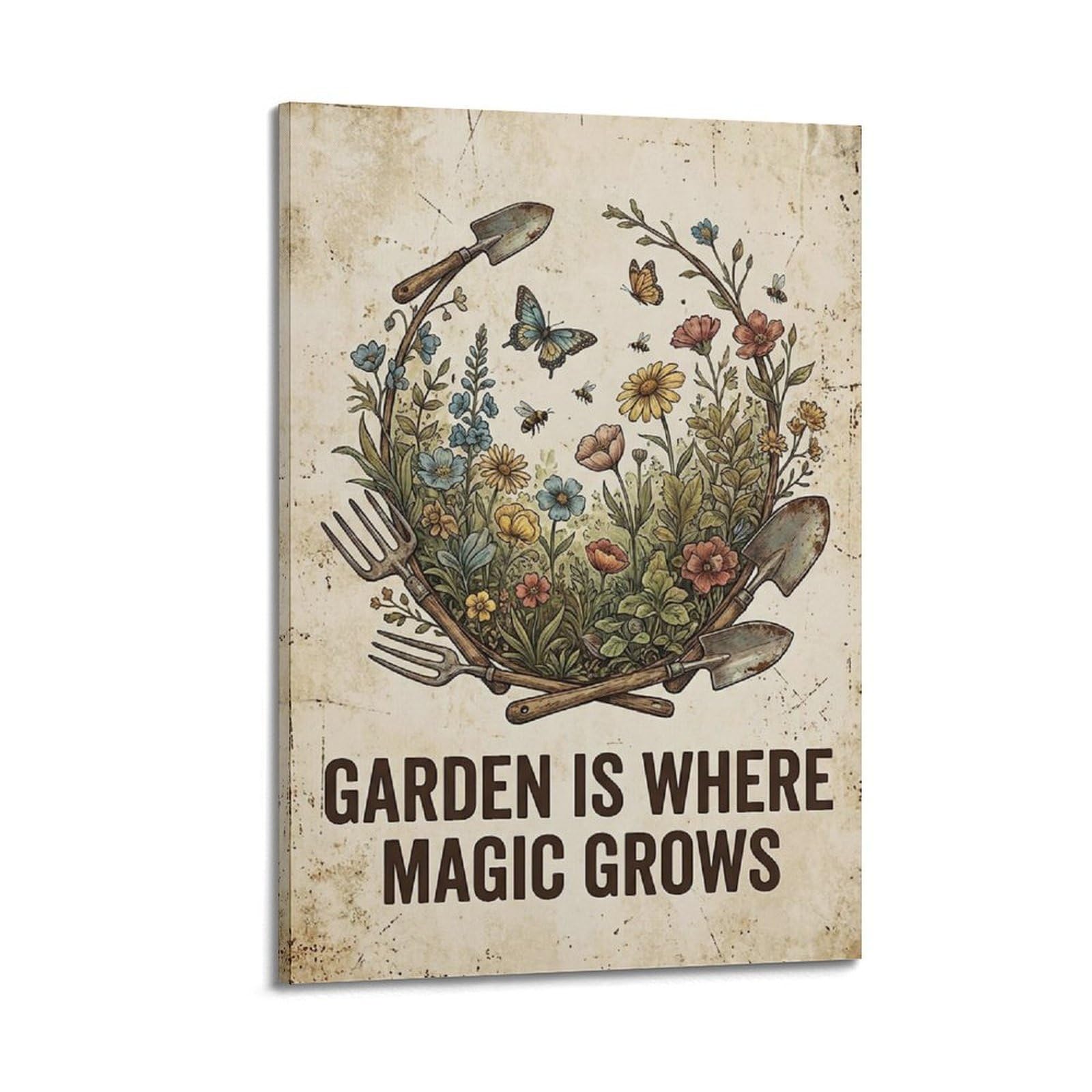 OKAHYS Retro Garden Is Magic Vintage Rustic Poster Botanical Modern Decorative Canvas Prints - Ideal Wall Art for Family, Man Cave, Game Room, Boys & Girls Bedroom 24x36inch
