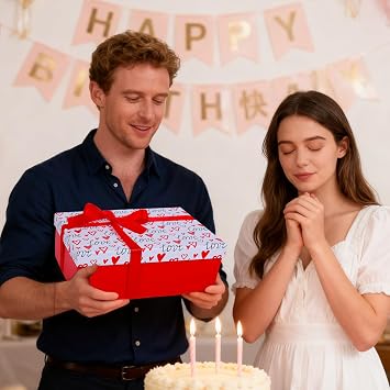 Red Heart Valentines Gift Box with Lid 25x18x9cm Medium/Large Thick Luxury Empty Gift Boxes for Presents, Birthday Wedding Bridal Valentines Day Gift Box for Girls Her Women with Card Ribbon