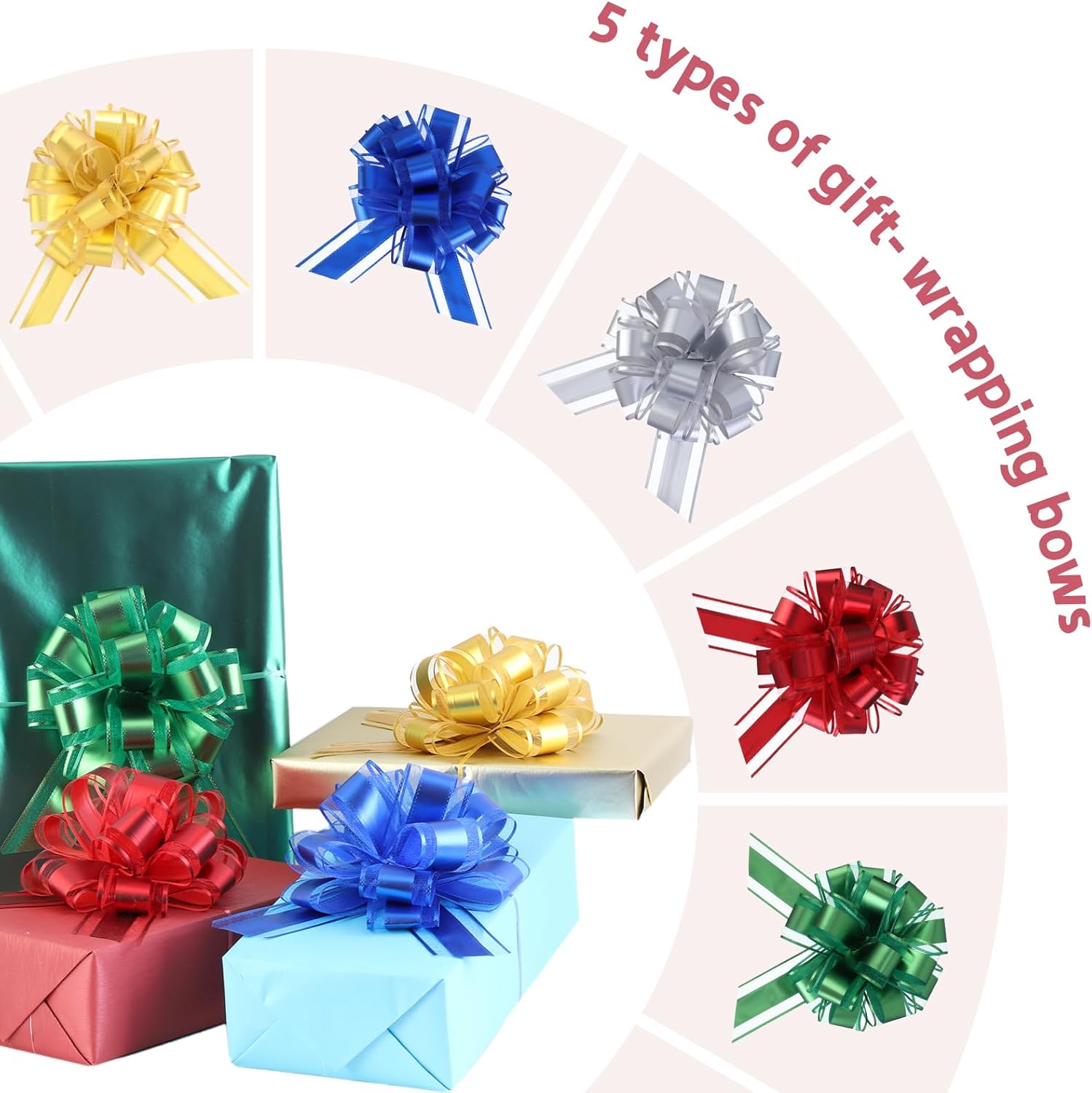 20 Pcs Pull Bows for Gift Wrapping, 5 Types of 6 Inches Gift Bows with Ribbon For Wedding, Valentines Day, Birthday, Anniversary, Florist Packaging ,Flower Bouquets and Basket (Mixed metal color) - Image 2