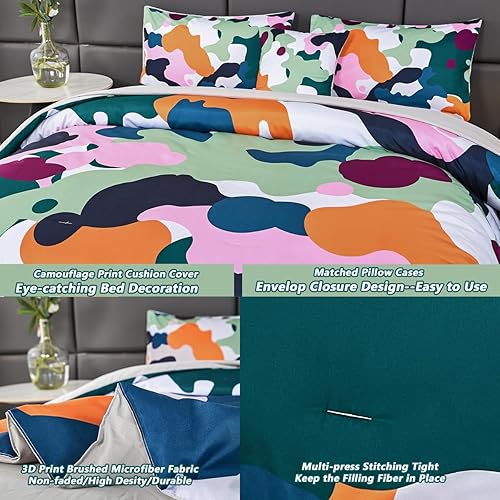 Miniatura 6 de PERFEMET Juego de edredón de 6 piezas, tamaño matrimonial, estilo camuflaje azul, con sábanas para niños, niñas y adolescentes, ultra suave, ropa de