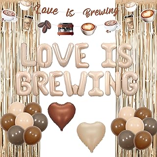 Funmemoir Coffee Bridal Shower Decorations Love Is Brewing Balloons Banner Coffee Theme Garland Foil Fringe for Girls Women Cafe Bar Theme Bachelorette Bridal Shower Wedding Shower Party Supplies