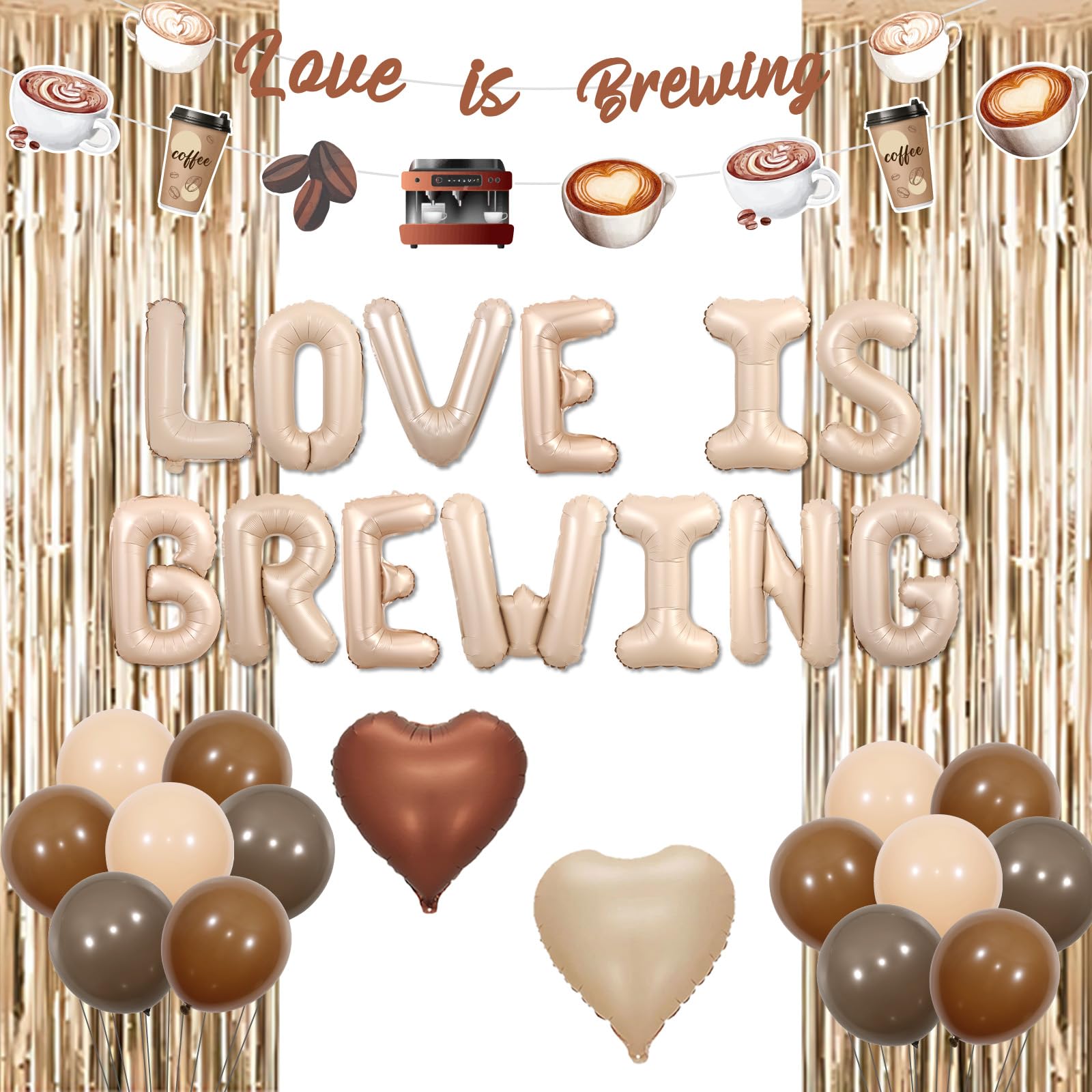 Funmemoir Coffee Bridal Shower Decorations Love Is Brewing Balloons Banner Coffee Theme Garland Foil Fringe for Girls Women Cafe Bar Theme