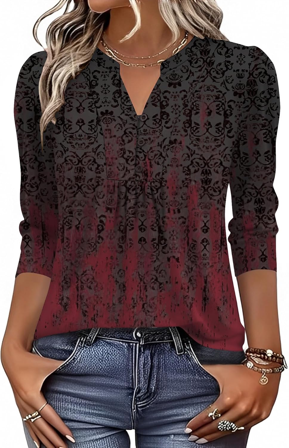 IECCP 3/4 Length Sleeve Womens Tops Dressy Casual Henley V-Neck Summer Tops Pleated T-Shirts Loose Fit Work Blouses - Image 2