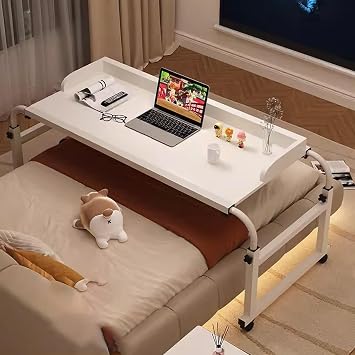 Cross-Bed Stretchable Computer Desk, Queen Overbed Desk Height Adjustable, Standing Workstation Laptop Cart with Wheels, for Dining Bar Hospital and Home Color White, Size L120-210cm