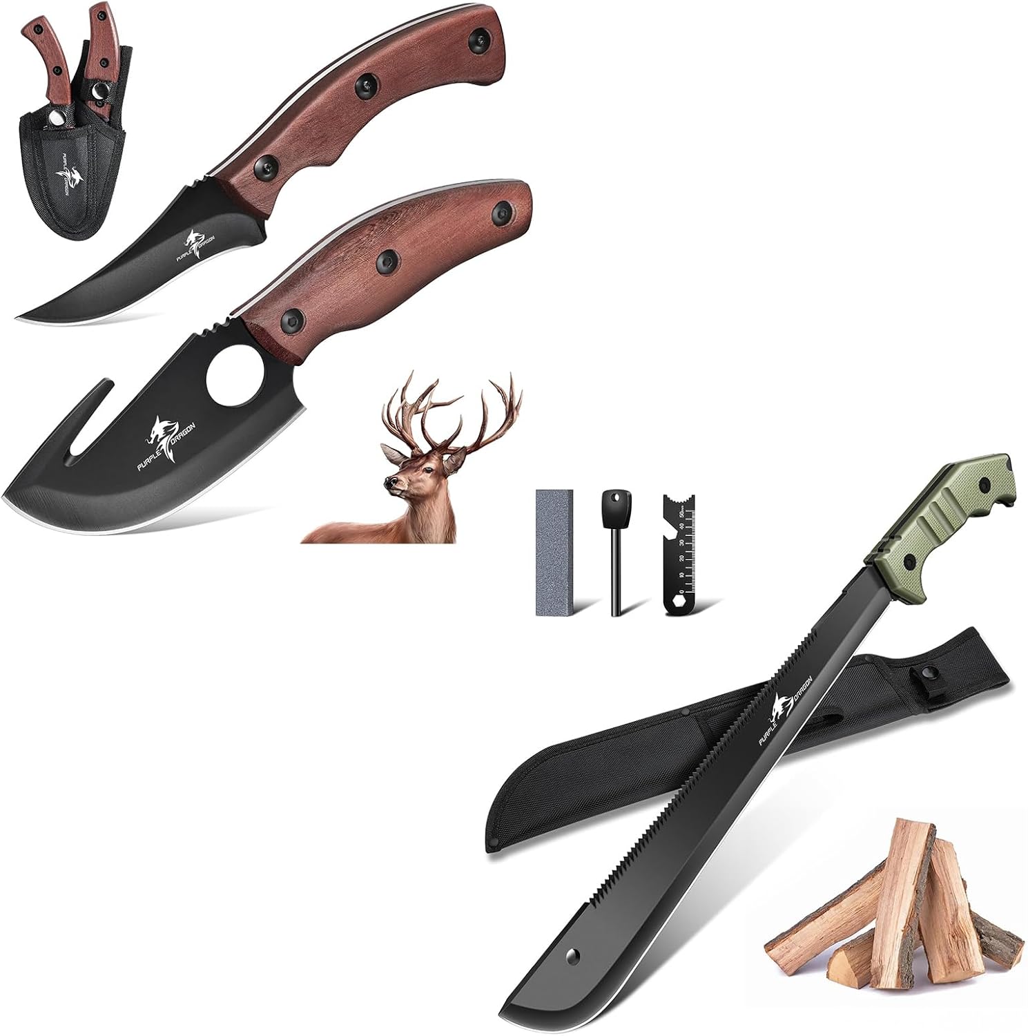 Purple Dragon Fixed Blade Outdoor Knives Set Bundle with a Machete with Saw and Sheath, High Carbon Steel Specialist and Precision Knife, Field Utility Kit, Christmas Gifts for Men