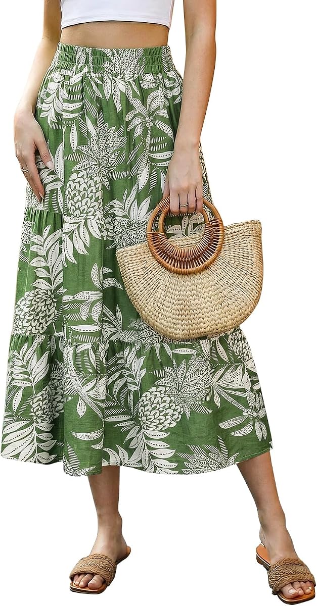 Women Boho Floral A-Line Midi Skirt Summer Casual Long Skirts