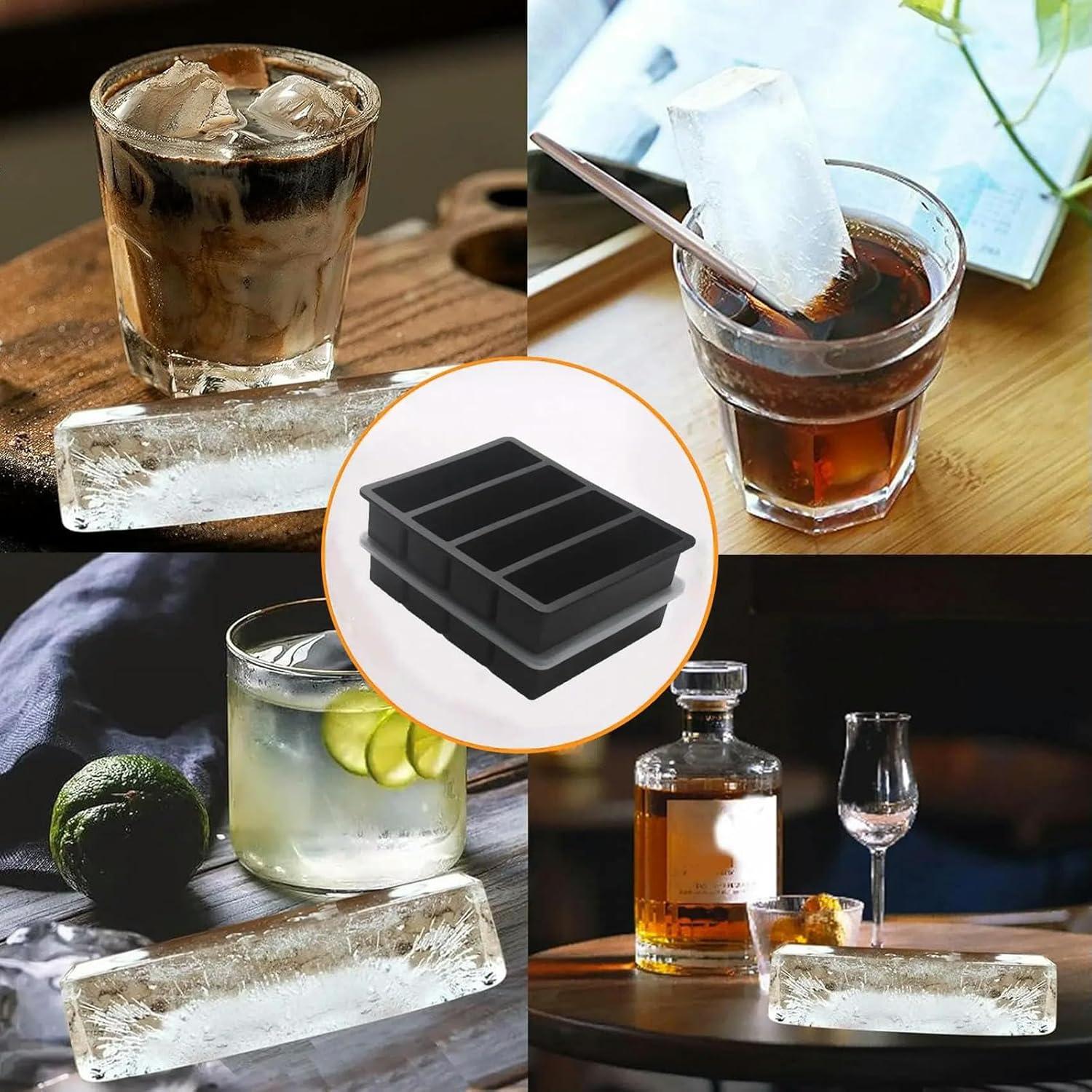 Silicone Ice Cube Trays Butter Mold Set Of 2 Easy Release Long Cube Sticks Cocktail Whisky Baking-Black 2Pcs