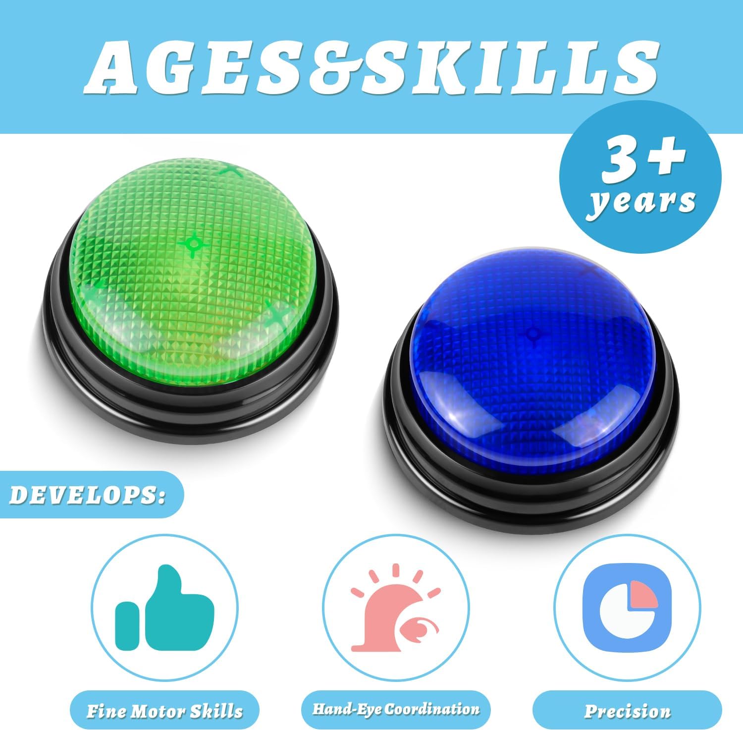 BEAN LIEVE 2-Pack Game Buzzers - Super Bright 4-LEDs, Unique Sounds, Compact Portable & Lock Switch - Trivia Buzzer for Classroom, Family Feud - Teachers, Adults, Kids (Buzzers for Trivia Games)