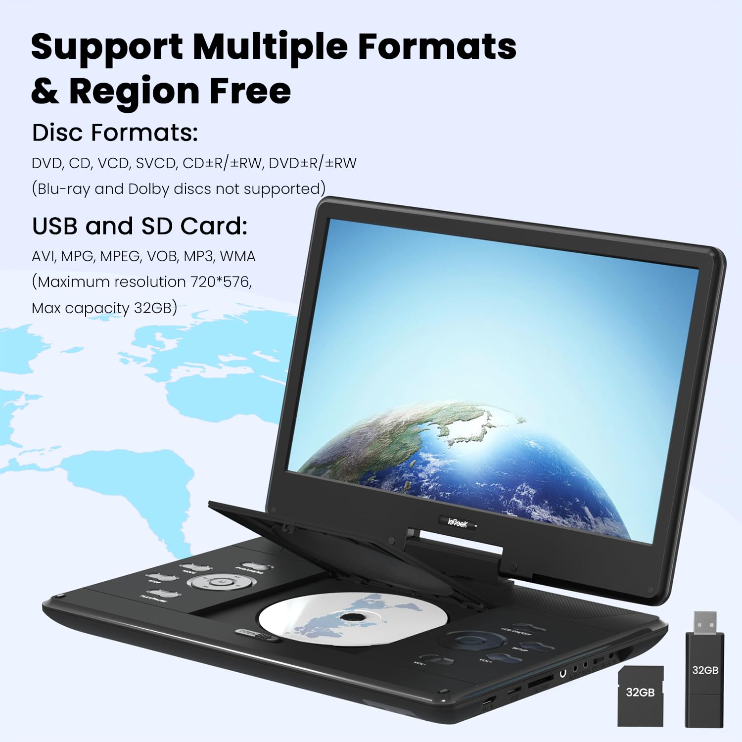 ieGeek Lecteur DVD portable de 16" avec écran pivotant de 14,1", entrée HDMI, batterie rechargeable de 6 heures, lecture USB/SD, cadeau idéal pour les personnes âgées, les enfants et les voyages, noir