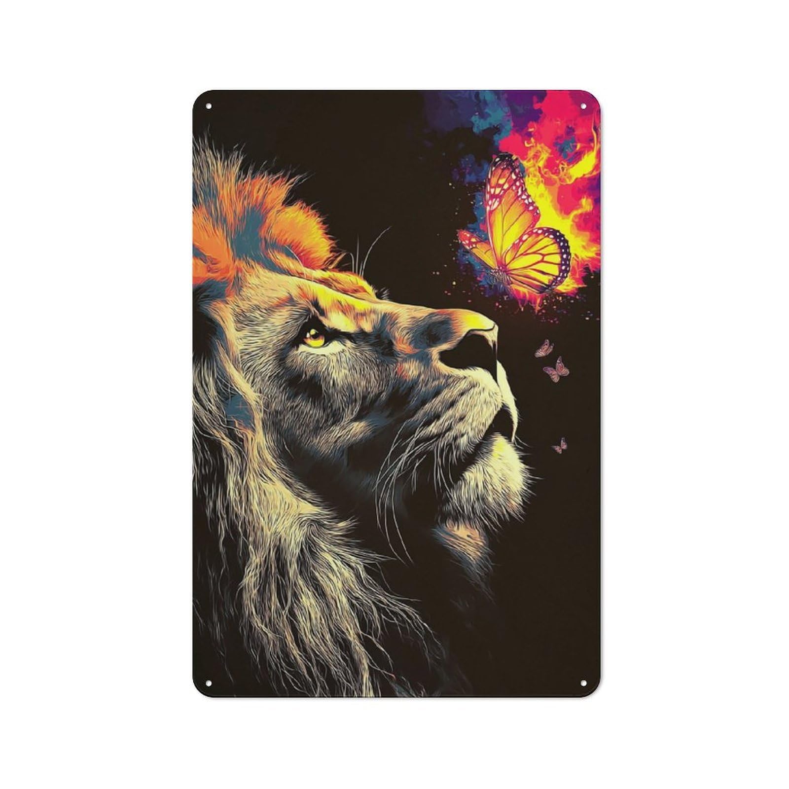 Junmoney Colorful Lion And Butterflies Artwork Rustic Metal Plaque 30X20cm For Studio Or Craft Room, Housewarming Present For People Styling Studio And Craft Room