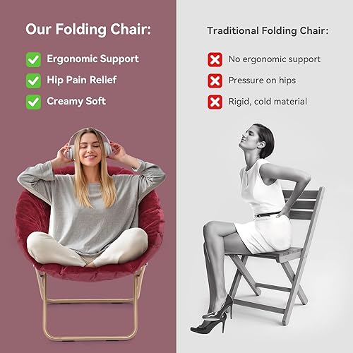 Miniatura 8 de Magshion Silla redonda plegable de gran tamaño con platillo de luna para adultos, silla grande y acogedora para dormitorio, color burdeos