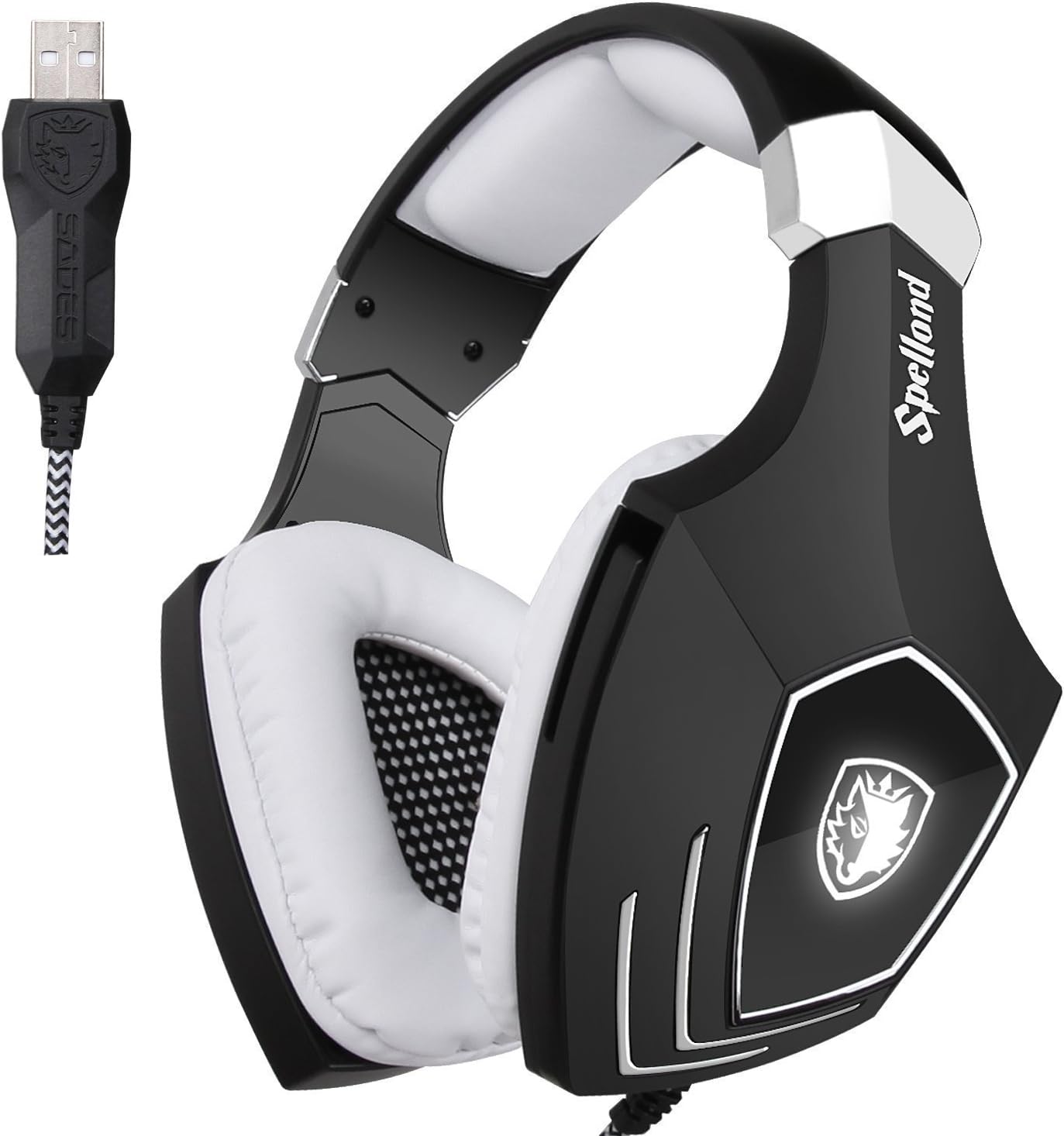SADES A60/OMG Computer USB Gaming Headset Over Ear Stereo Gaming Heaphones With Microphone Noise Isolating Volume Control LED Light For PC & MAC(Black+White)