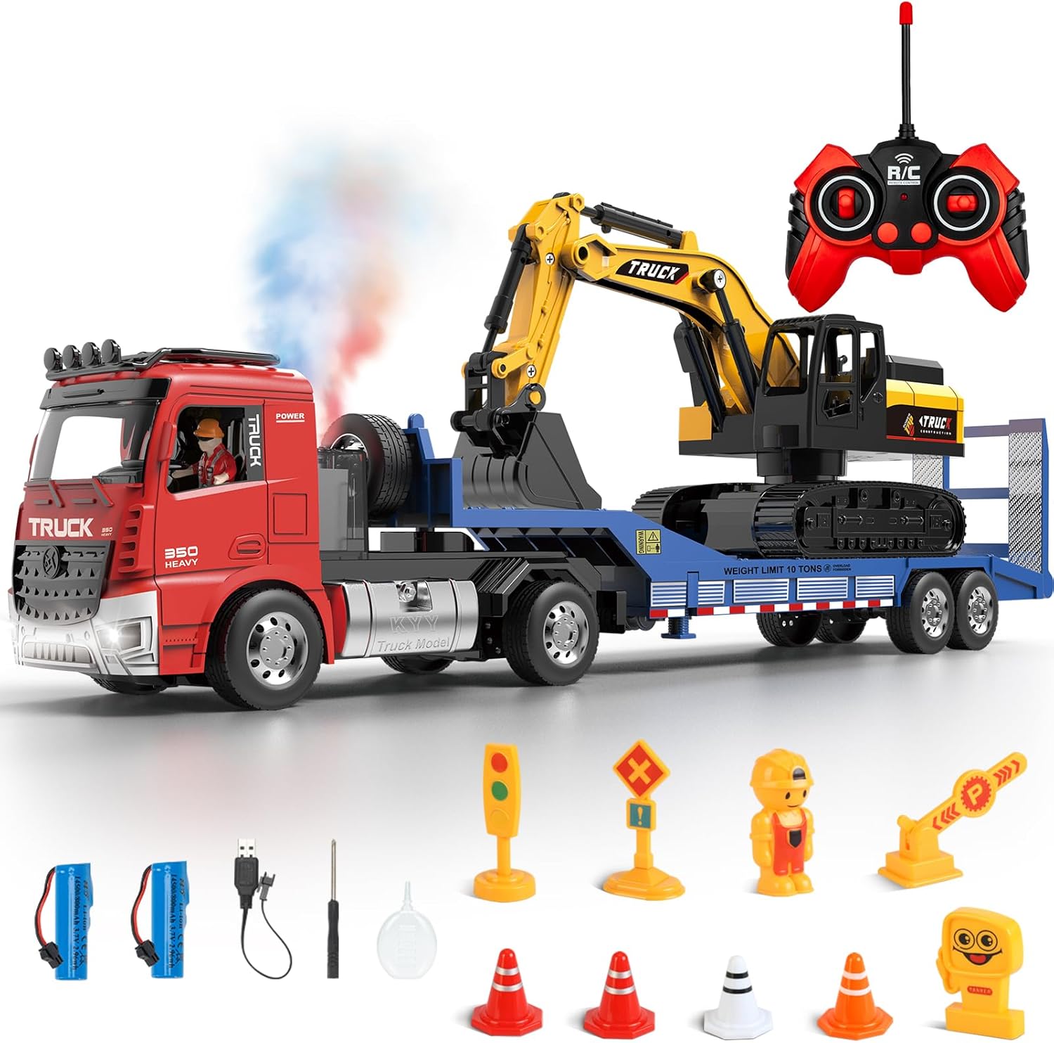 Fistone RC Semi-Trailer Truck & Friction Powered Excavator Toy Set, 1:24 Scale with Sound and Lights, 6 CH Remote Control Flatbed Truck and Inertia-Powered Excavator Toys for Kids Boys，Red