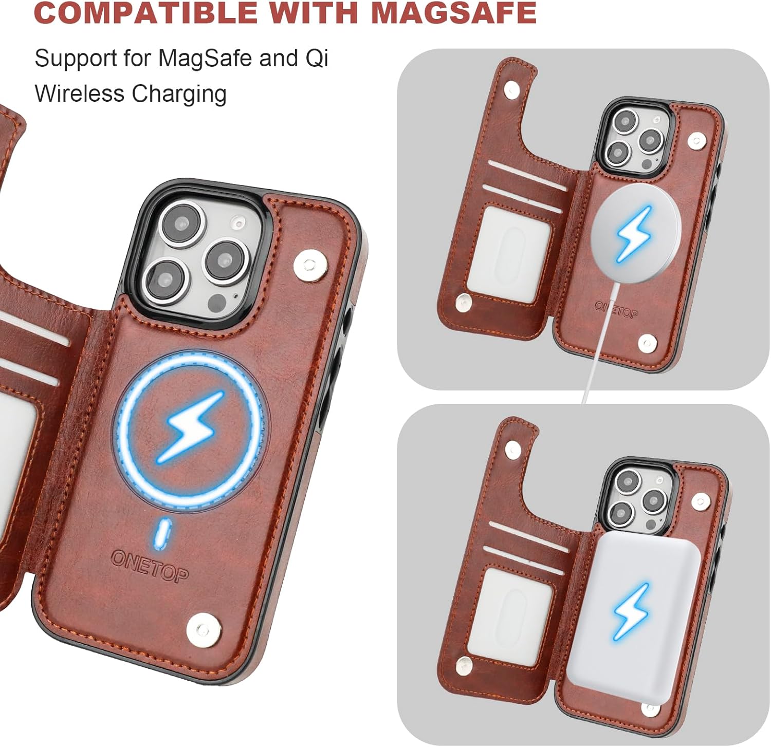 ONETOP Compatible with Magsafe for iPhone 16 Pro Wallet Case with Card Holder, PU Leather Kickstand RFID Blocking Case, Double Magnetic Clasp and Durable Shockproof Cover 6.3 Inch (Brown) - Image 5