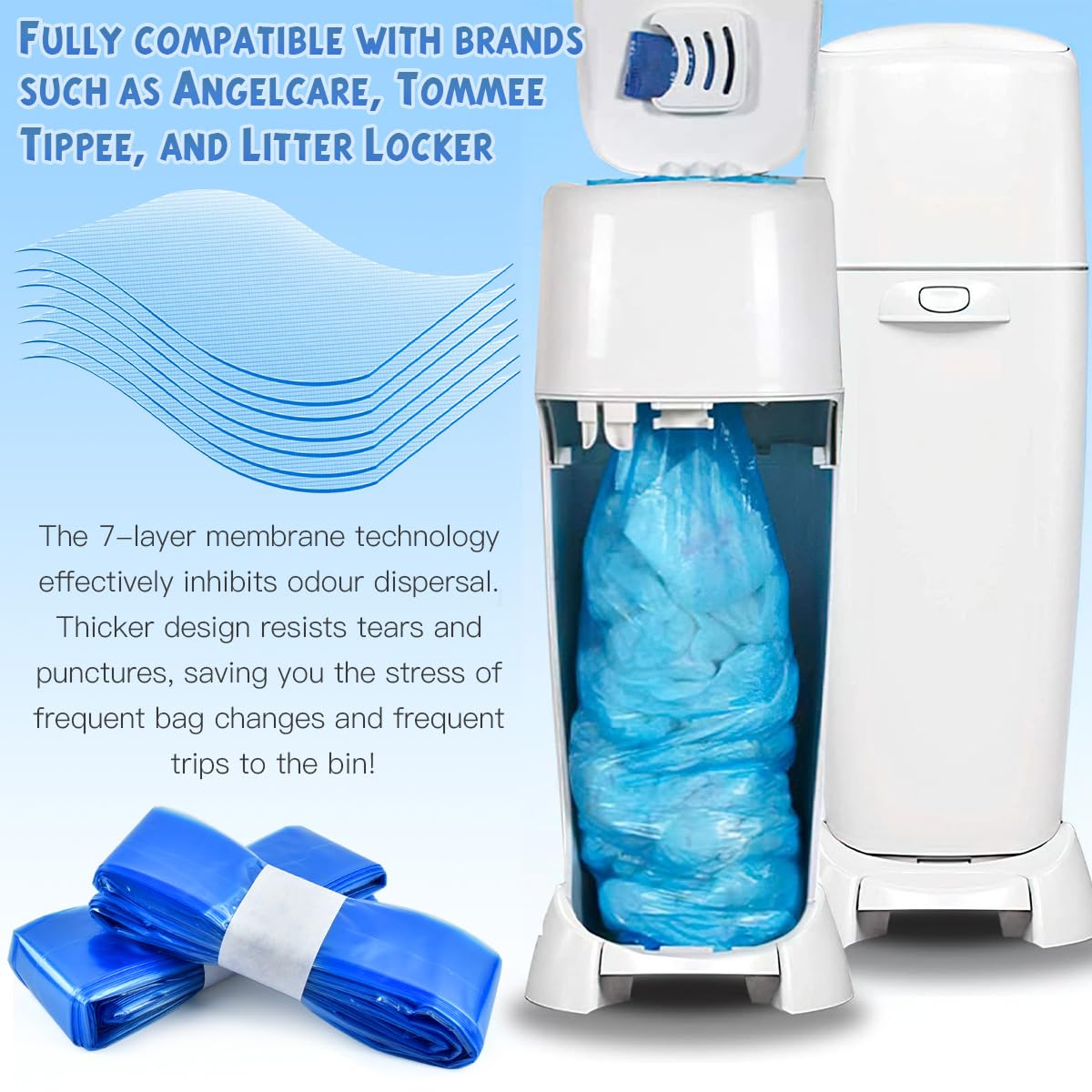 Recharge Poubelle à Couche 18 Pièces 4.5M Anti Odeur Résistant à la Déchirure pour Angelcare Tommee Tippee Litter Locker Bleu