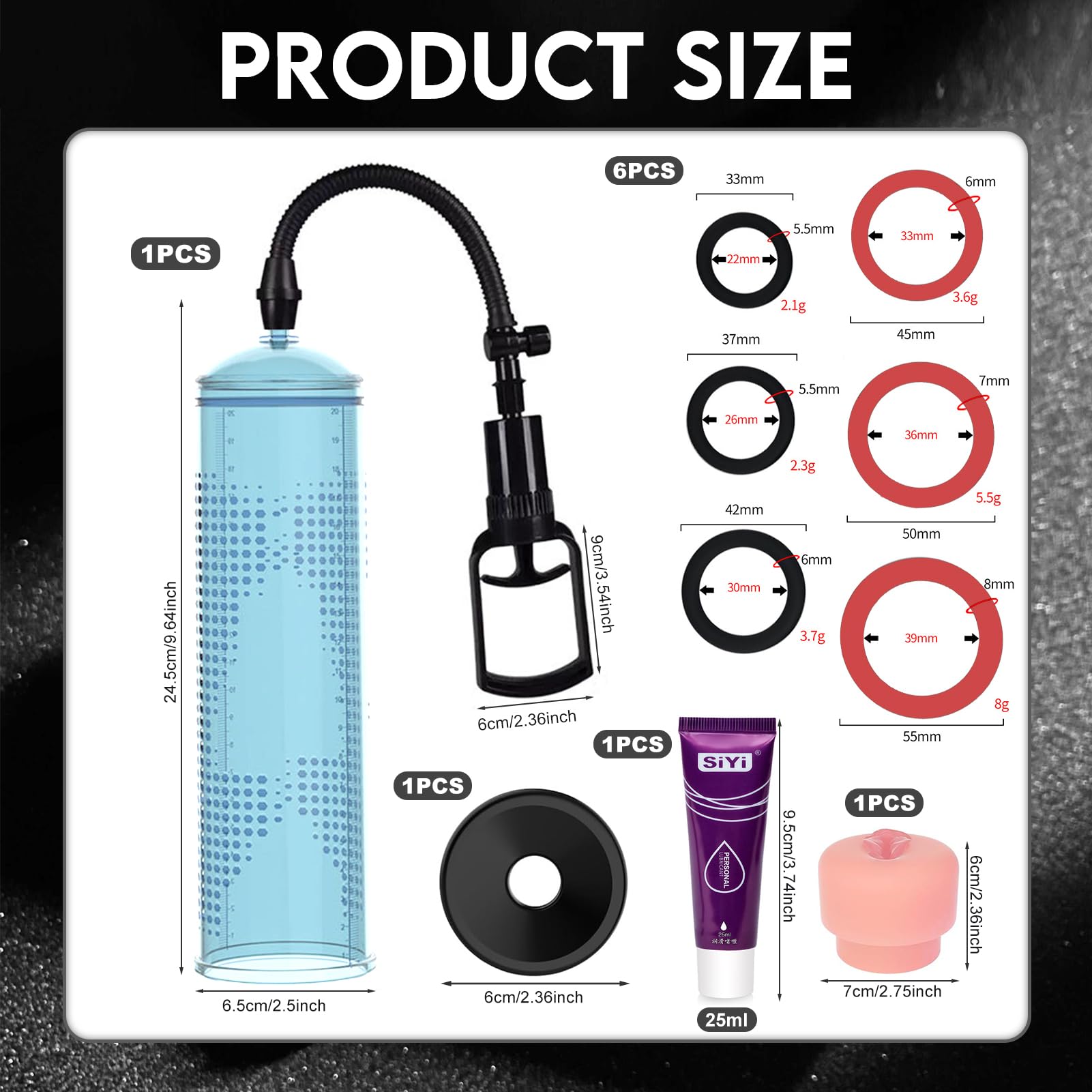 Pompe à Vide pour Homme avec 6 Anneaux de Constriction et 2 Bases en Silicone Doux - Pompe à Pénis pour Amélioration de la Performance Sexuelle - Made in ABS de Haute Qualité - Livrée avec Gel Lubrifi