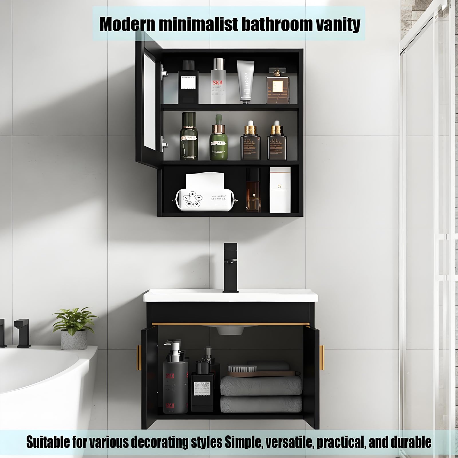 Mueble de Baño Suspendido con Lavabo Cerámico sobre Encimera con Armario con Espejo,Mueble Bajo Lavabo Conjunto de Muebles de baño (Negro, 50 * 36CM+45 * 60CM)