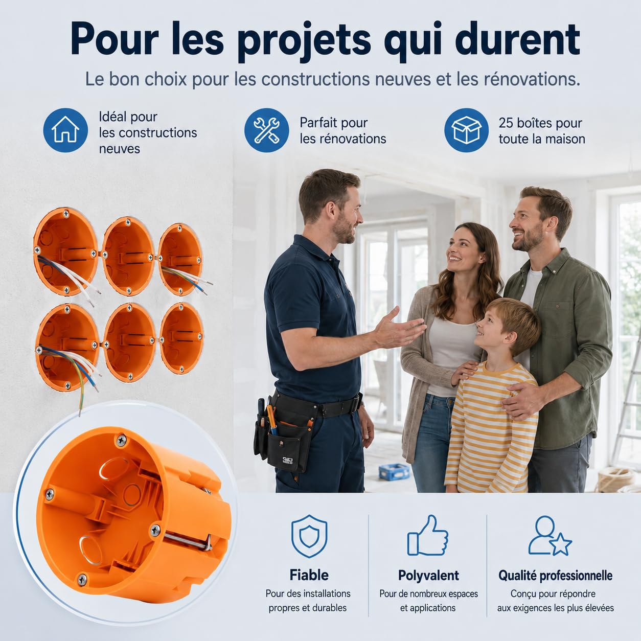 Lot de 25 boîtes encastrées pour cloison sèche et placoplâtre - 68 mm de diamètre - 60 mm de profondeur - Pour cloison sèche et placoplâtre - Boîtes encastrées pour interrupteurs et