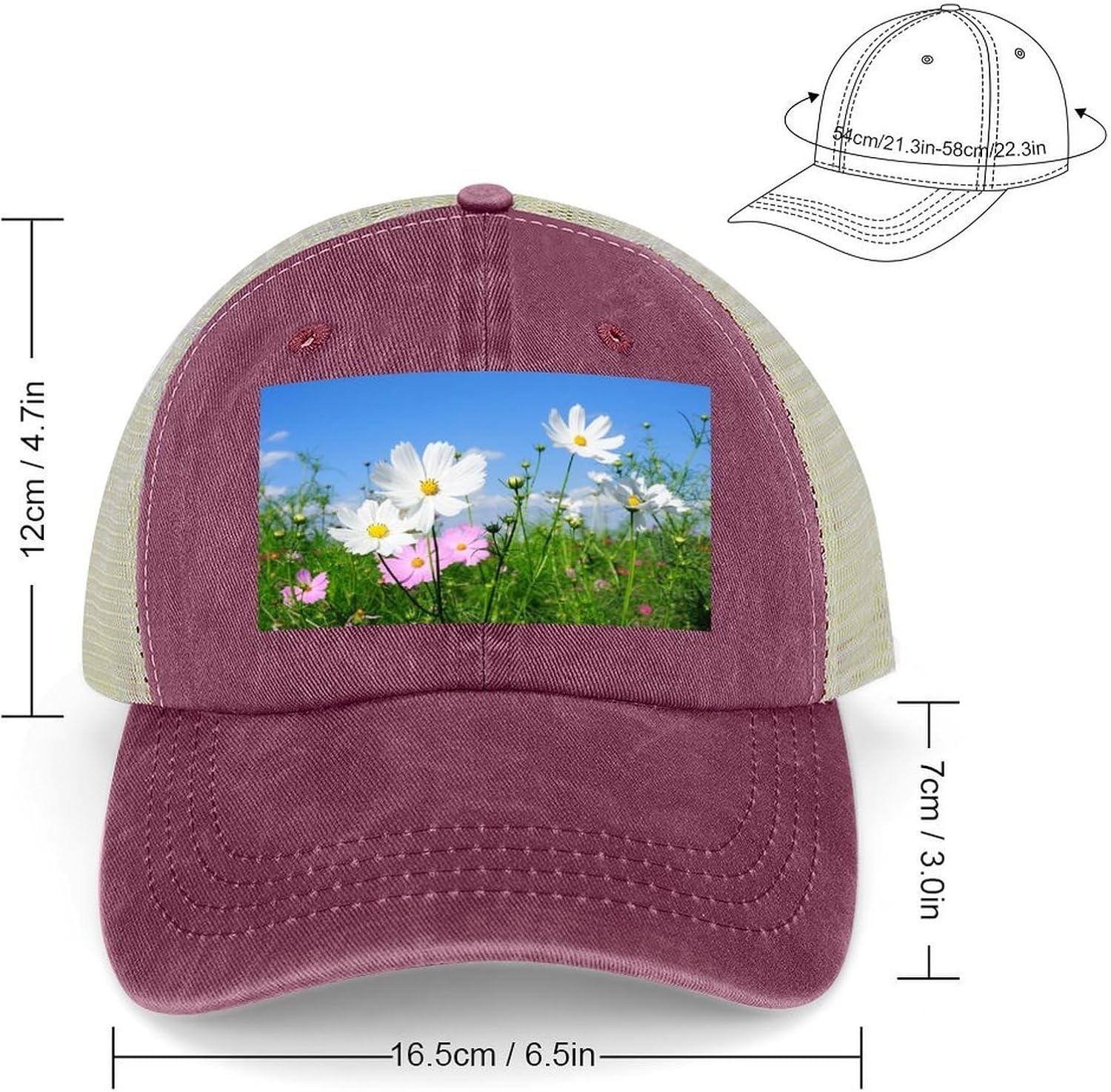 Pink and White Flowers Hat Personalized Adjustable Cowboy Cap Cotton Cap Trucker Hats Dad Hat for Men Women