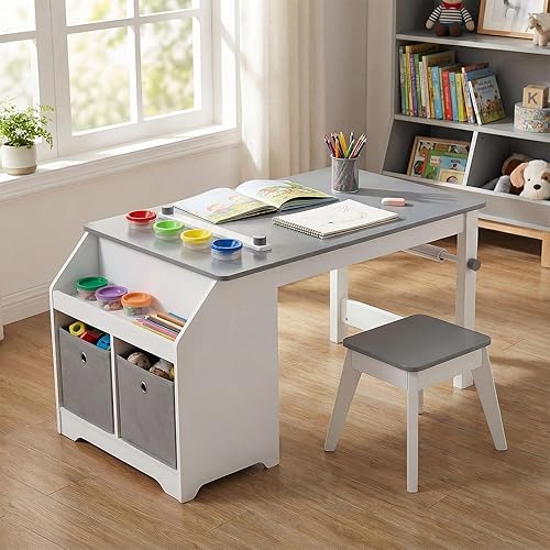Miniatura 9 de HONEY JOY Juego de mesa y silla de arte para niños, juego de actividades de artesanía de madera con rollo de papel, estante de almacenamiento,