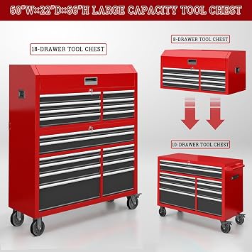 Tool Chest 18-Drawer | 66'' Large Rolling Tool Chest with Wheels | Detachable Top Metal Tool Box with Gas Struts | Lockable Rolling Tool Cabinet with Liners,Power Strip | Garage, Repair Shop, Workshop