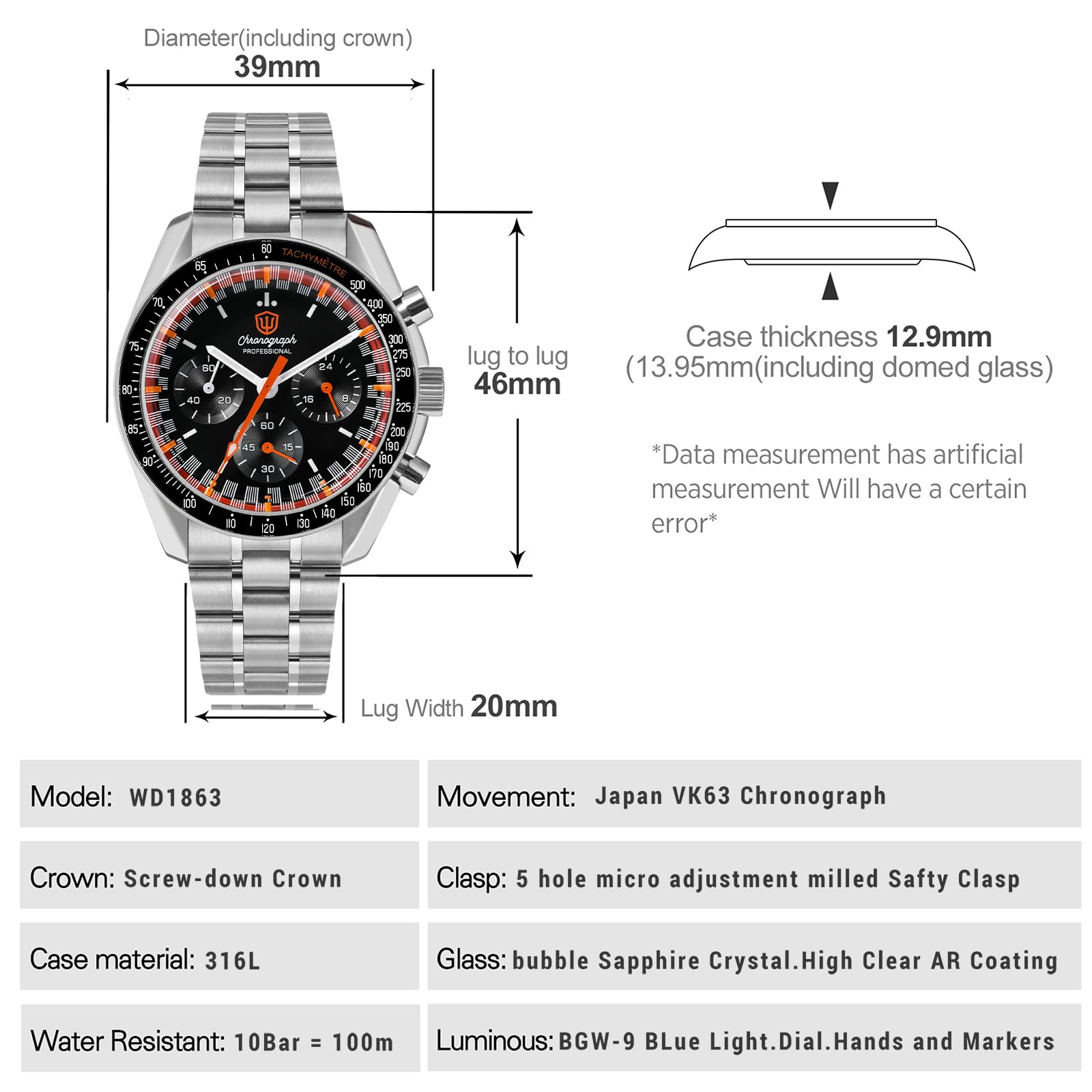 watchdives WD1860 WD1861 WD1863 Orologio da Polso Cronografo Uomo Giappone VK63 Quarzo Orologi Sportivi 40mm Bolla Vetro Zaffiro 100M ubacqueo