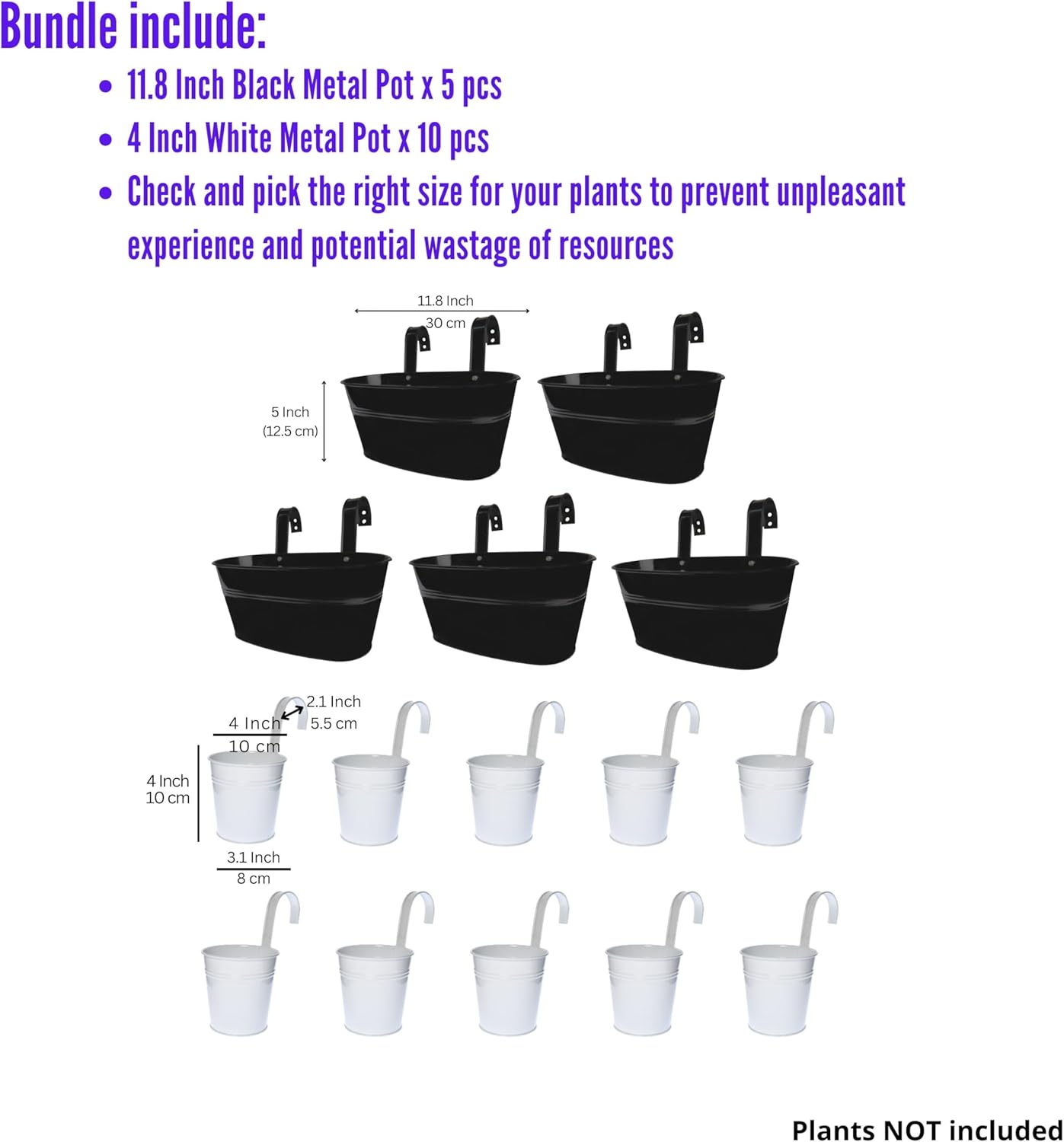 LaLaGreen Bundle- 5 Pack, 11.8 Inch Black Metal Pot + 10 Pack, 4 Inch White Metal Pot Window Wall Hanging Plant Flower Herb Holder Hanger Hook Boho Style Balcony Rail Fence Porch Garden Decor Outdoor