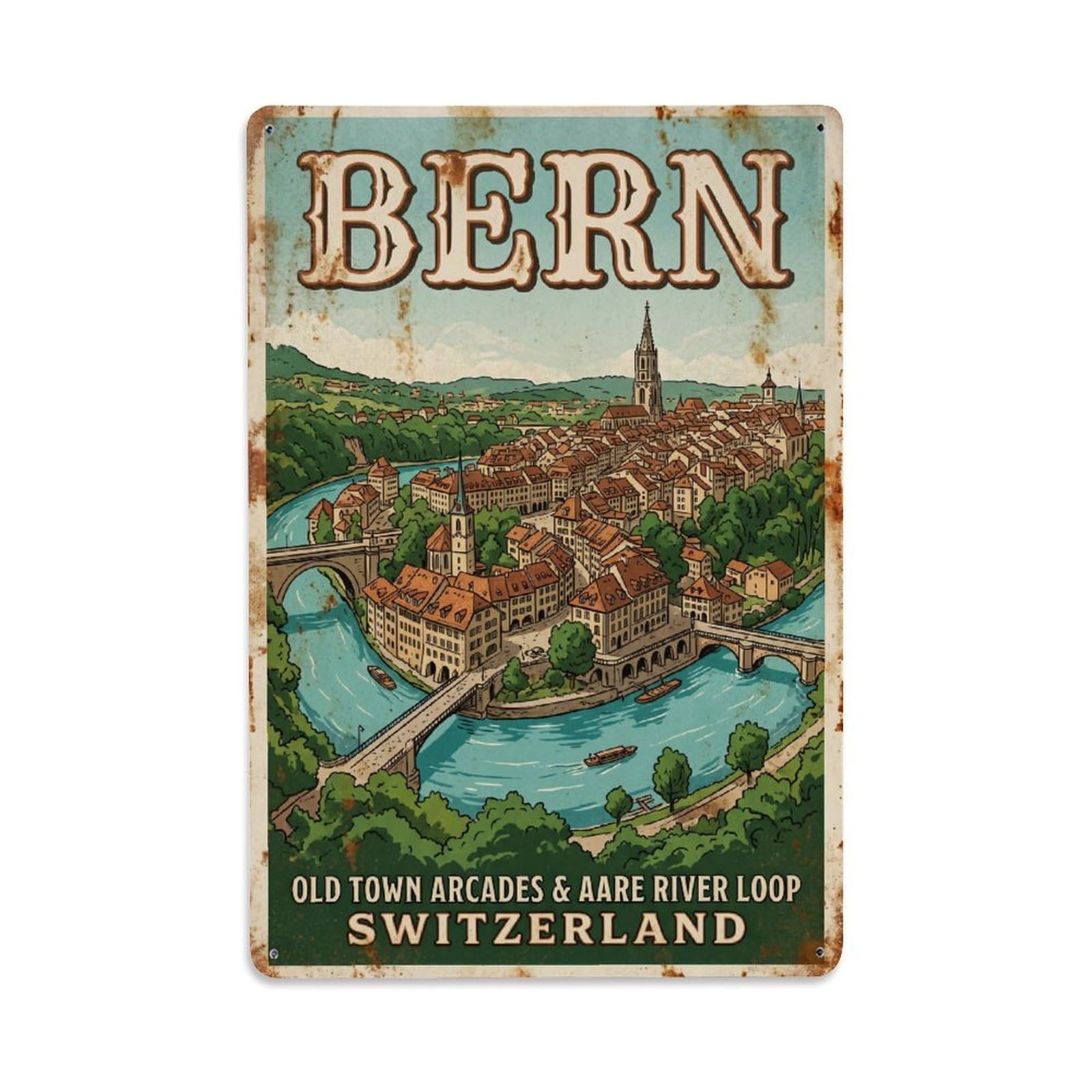 Vintage Travel Bern Switzerland Metal Tin Sign Wall Decor for Cafe, Club, Garden Metal Poster 8x12Inch