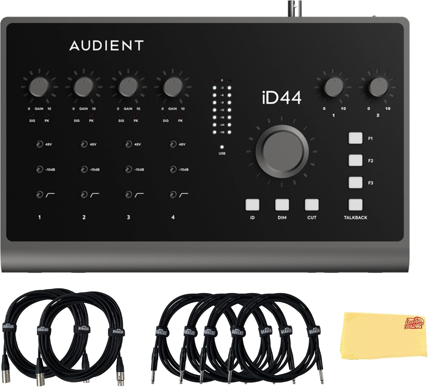 Audient ID44MKII USB Audio Interface Bundle with 2 Instrument Cables, 4 XLR Cables, and Austin Bazaar Polishing Cloth